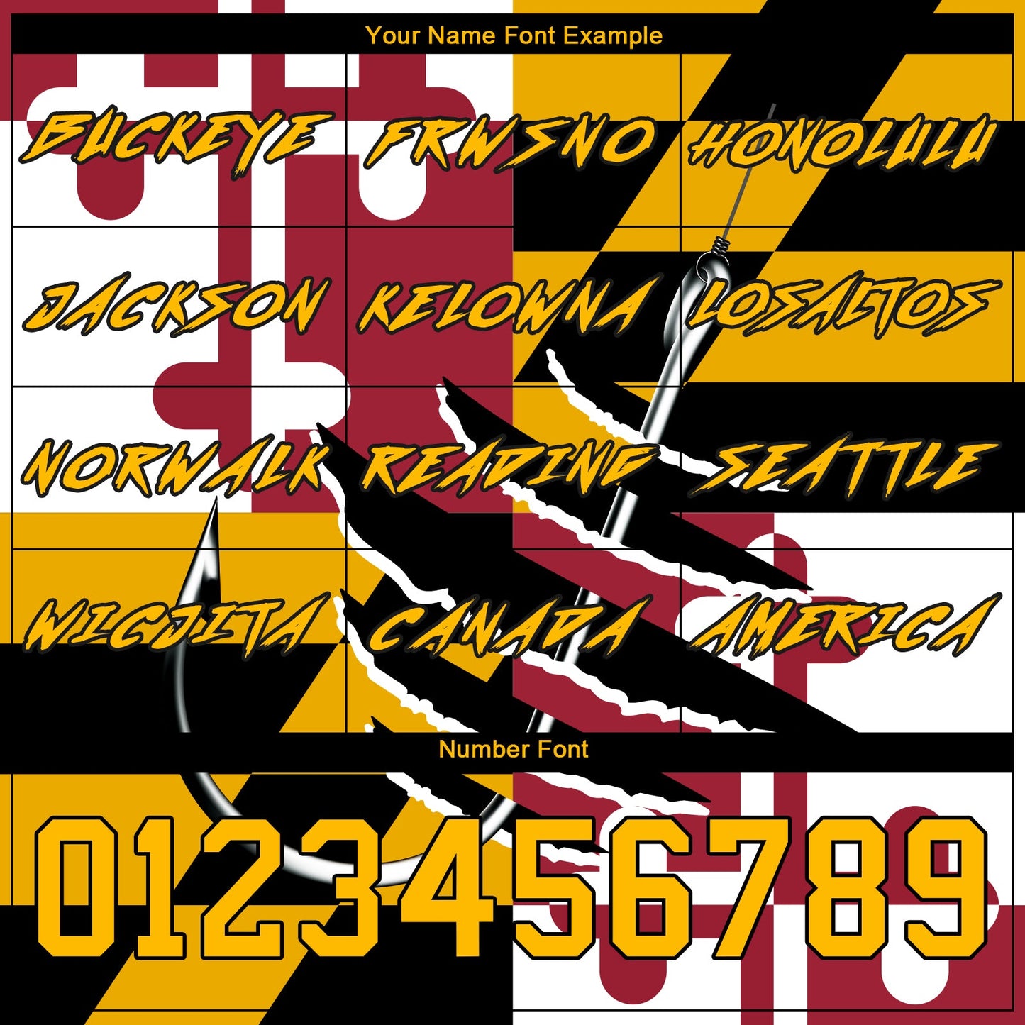 Custom Gold Black-Red 3D Maryland Flag And Fish Hook Fishing Sports Pullover Sweatshirt Hoodie view 3