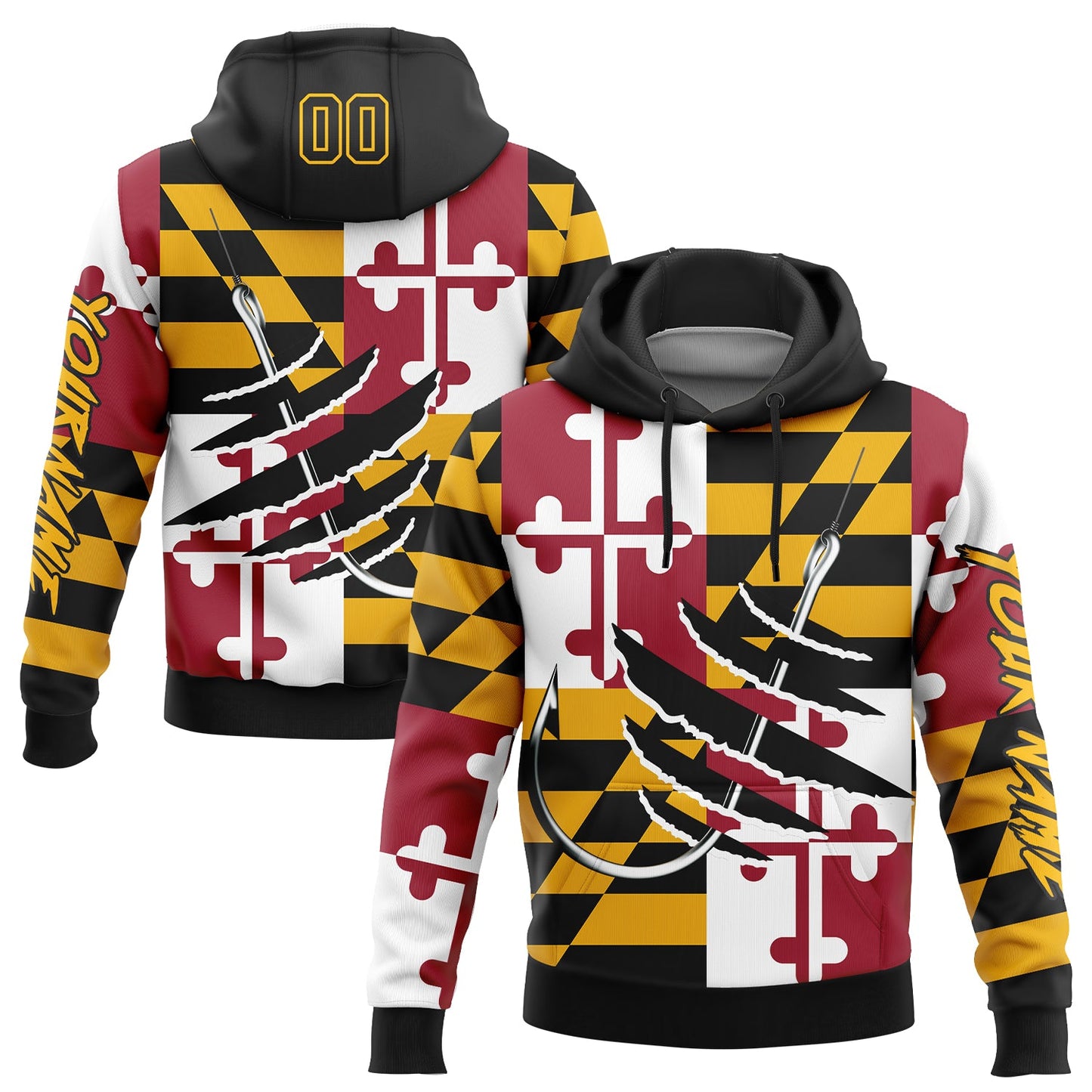 Custom Gold Black-Red 3D Maryland Flag And Fish Hook Fishing Sports Pullover Sweatshirt Hoodie - Main View