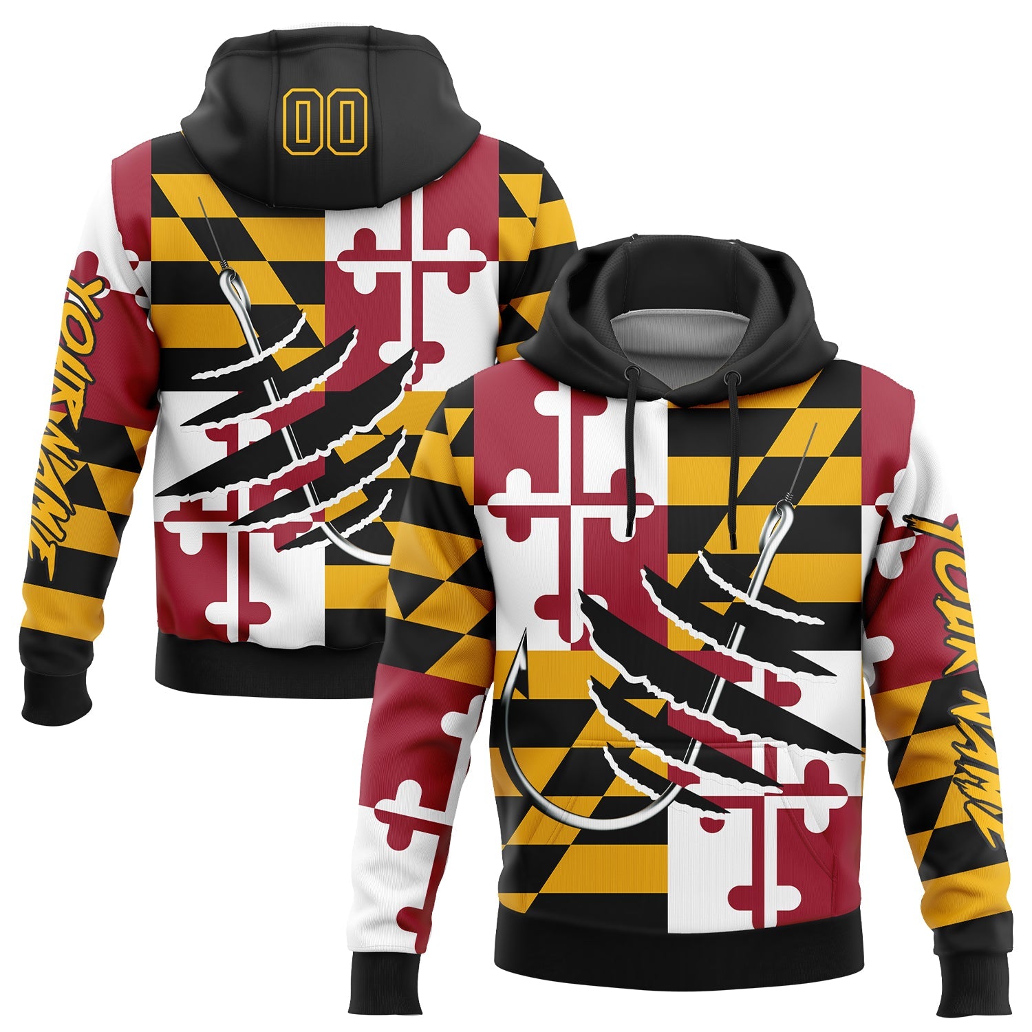 Custom Gold Black-Red 3D Maryland Flag And Fish Hook Fishing Sports Pullover Sweatshirt Hoodie - Main View
