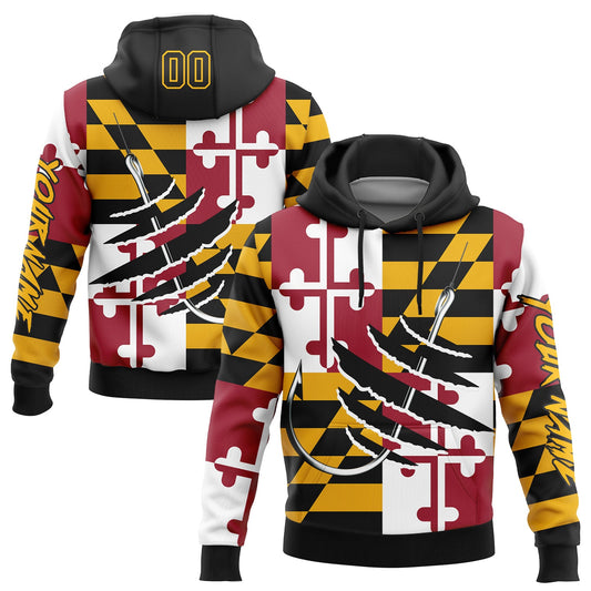 Custom Gold Black-Red 3D Maryland Flag And Fish Hook Fishing Sports Pullover Sweatshirt Hoodie - Main View