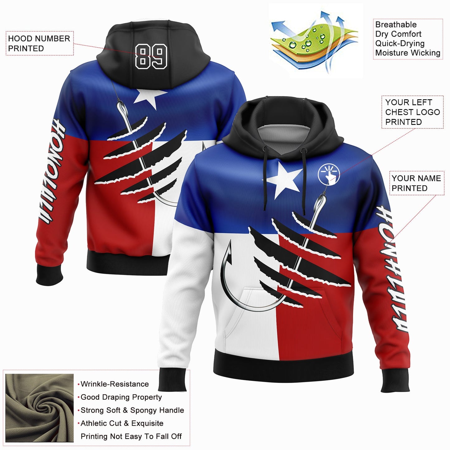 Custom Royal Black-Red 3D Texas Flag And Fish Hook Fishing Sports Pullover Sweatshirt Hoodie view 2
