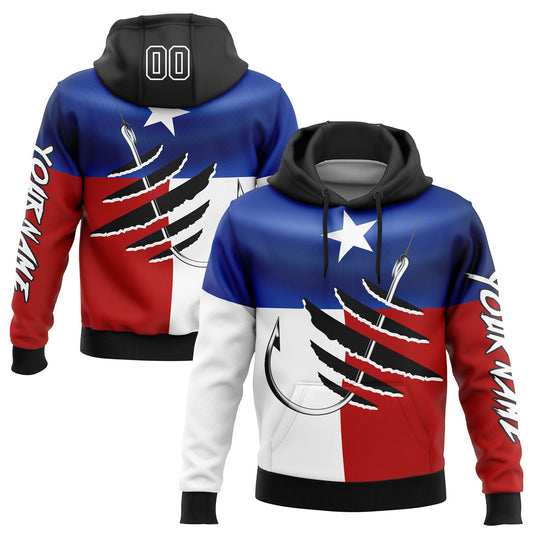 Custom Royal Black-Red 3D Texas Flag And Fish Hook Fishing Sports Pullover Sweatshirt Hoodie - Main View