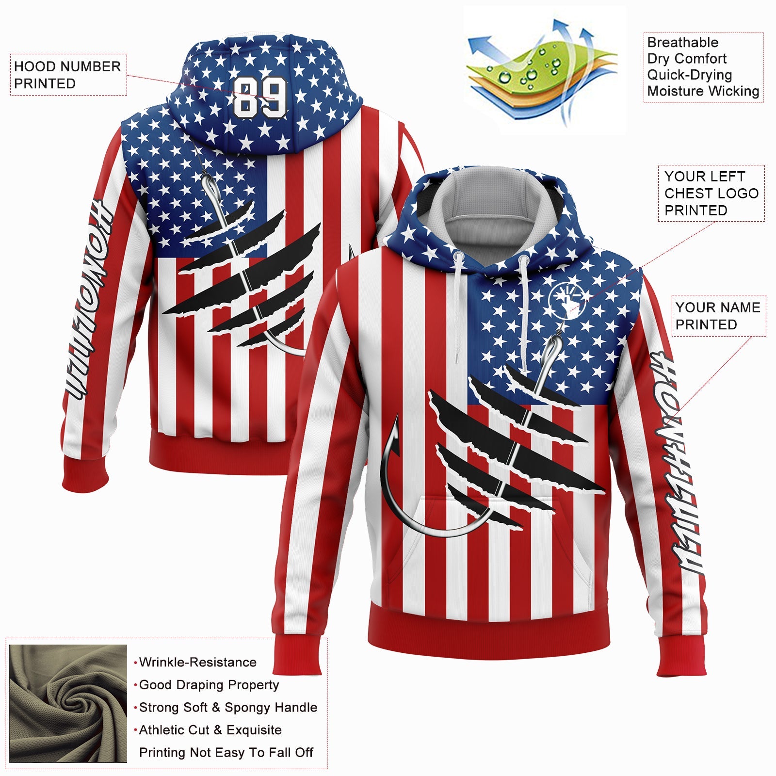 Custom Red US Navy Blue-Black 3D American Flag And Fish Hook Fishing Sports Pullover Sweatshirt Hoodie view 2