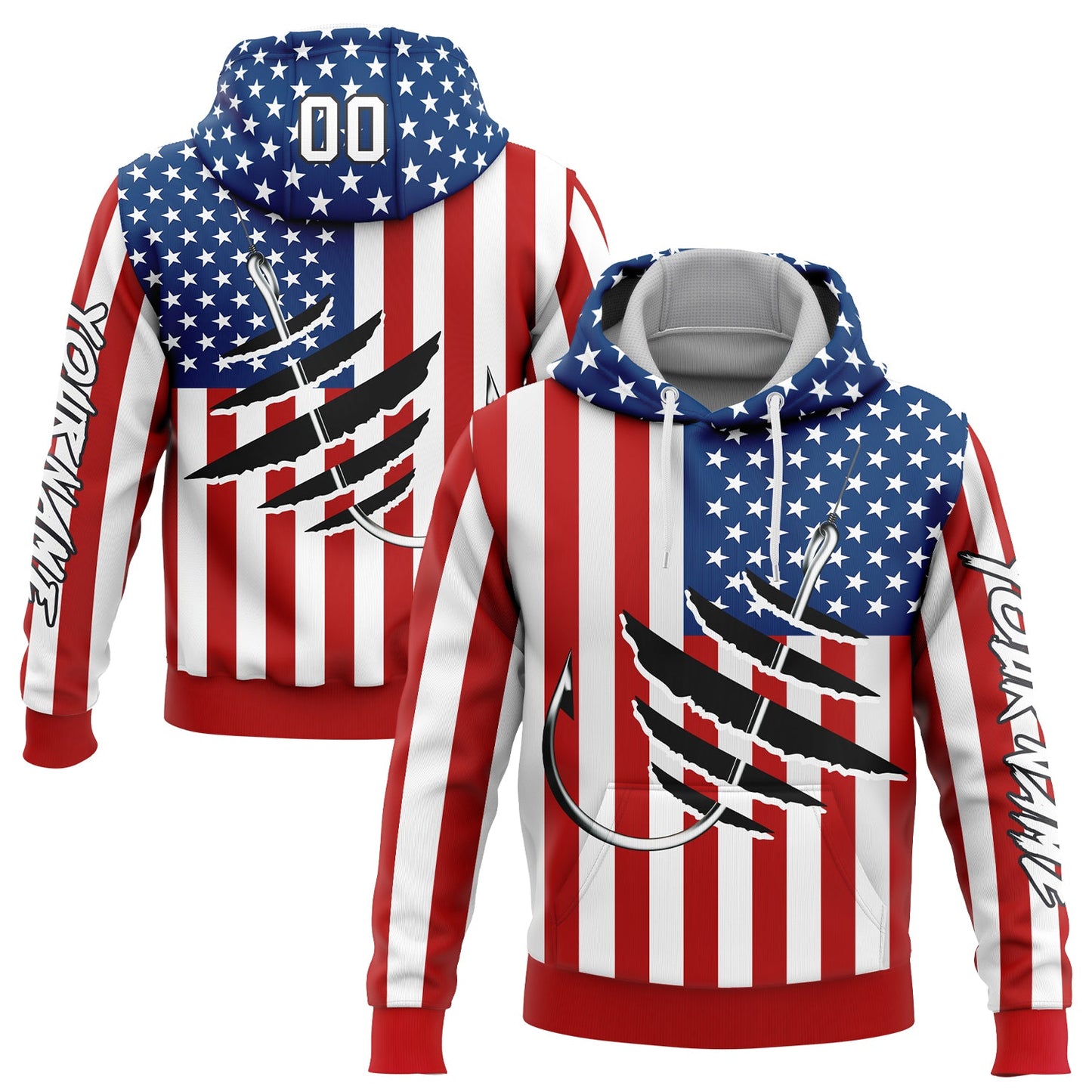 Custom Red US Navy Blue-Black 3D American Flag And Fish Hook Fishing Sports Pullover Sweatshirt Hoodie - Main View