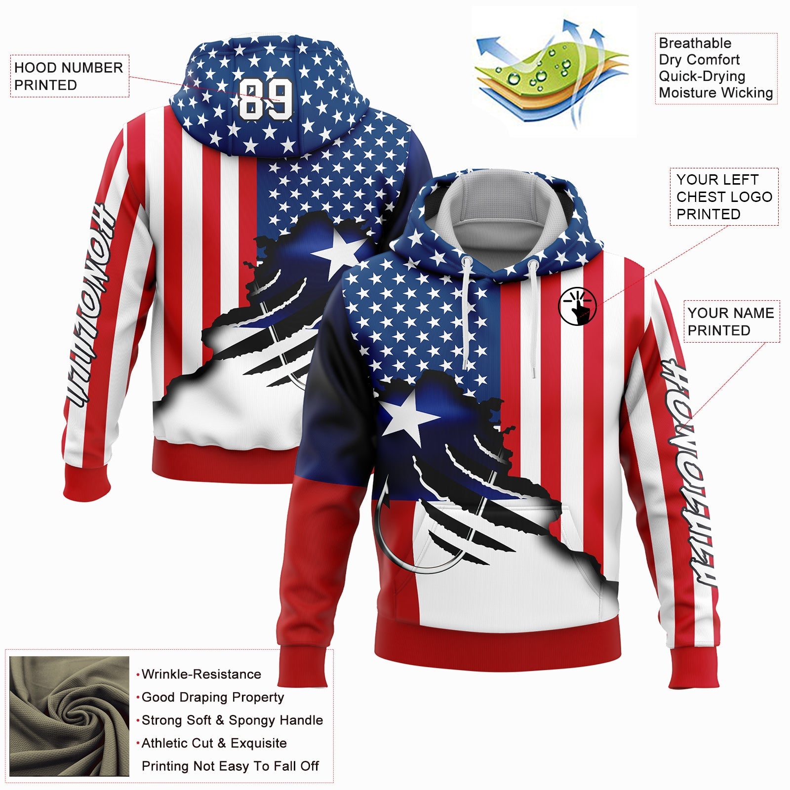 Custom Red US Navy Blue-Black 3D American Flag And Fish Hook Fishing Sports Pullover Sweatshirt Hoodie view 2