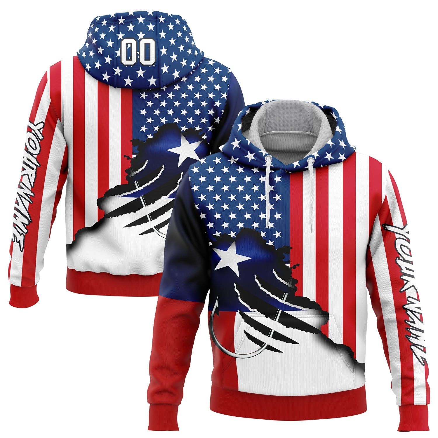 Custom Red US Navy Blue-Black 3D American Flag And Fish Hook Fishing Sports Pullover Sweatshirt Hoodie - Main View