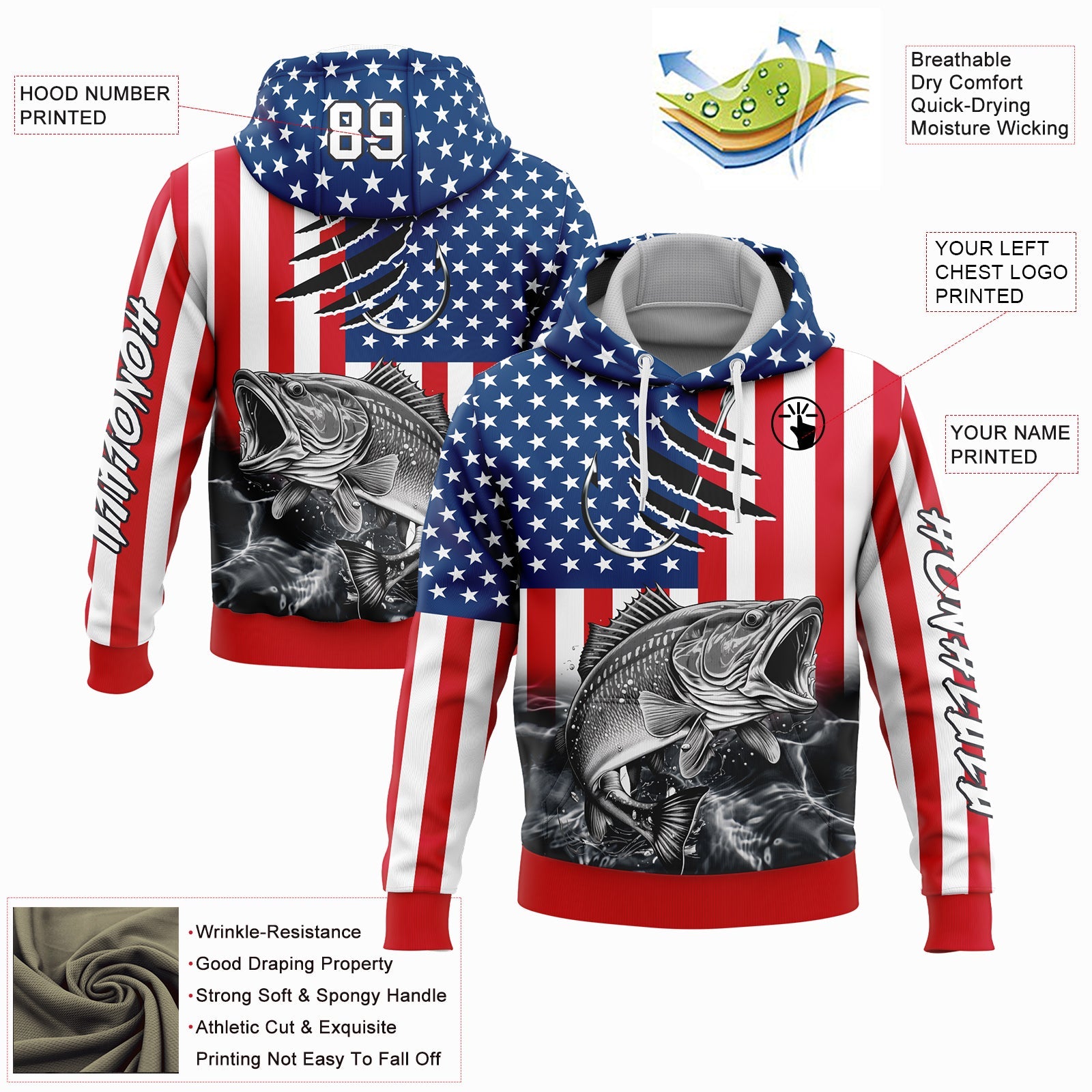 Custom Red US Navy Blue-Black 3D American Flag And Largemouth Bass Fish Fishing Sports Pullover Sweatshirt Hoodie view 3