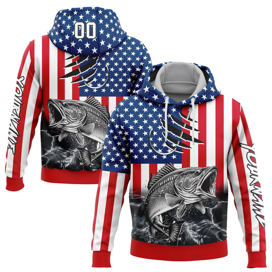 Custom Red US Navy Blue-Black 3D American Flag And Largemouth Bass Fish Fishing Sports Pullover Sweatshirt Hoodie - Main View