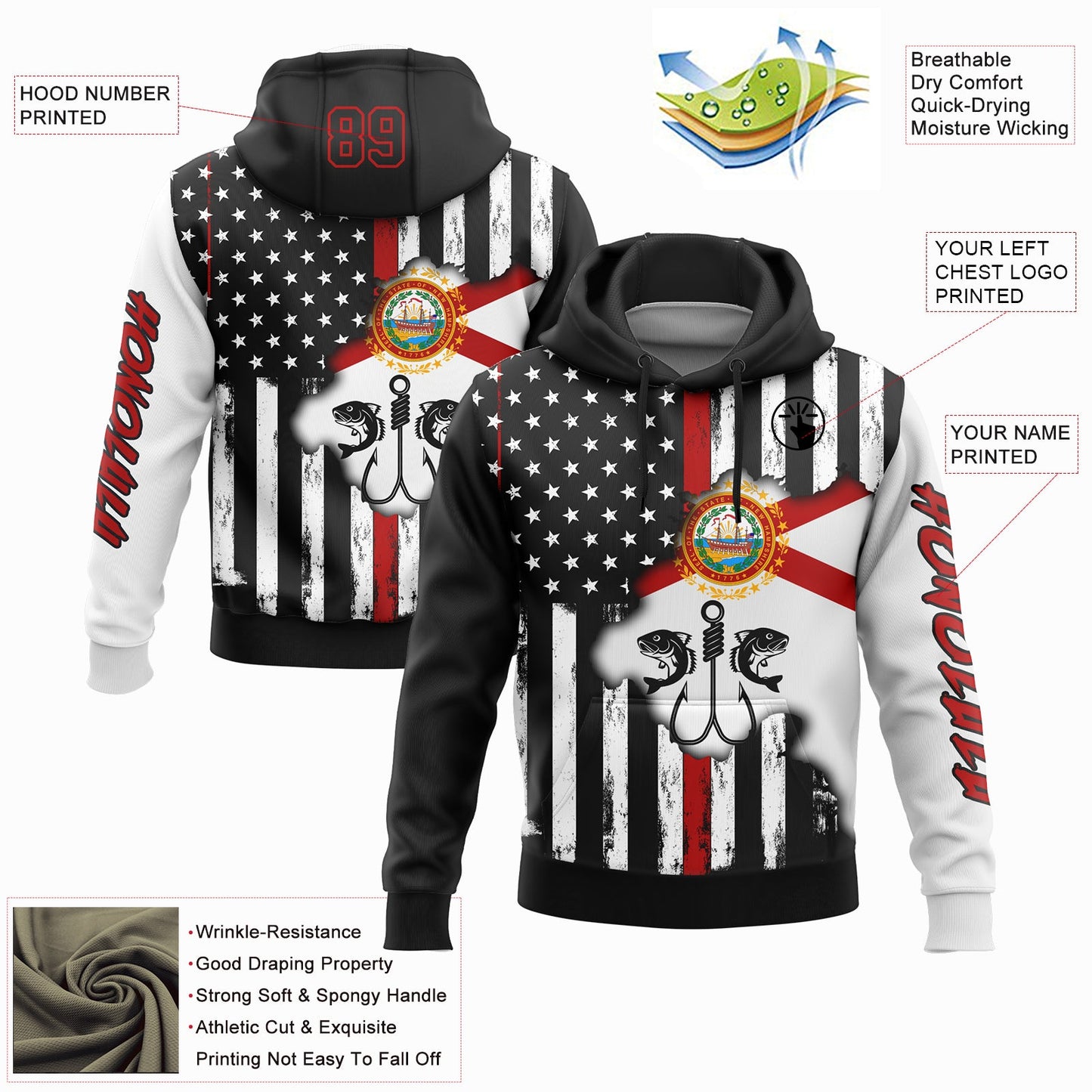 Custom Black Red-White 3D American Flag And Fish Hook Fishing Sports Pullover Sweatshirt Hoodie view 2