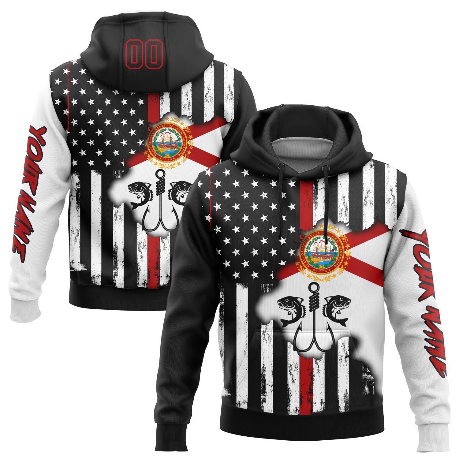 Custom Black Red-White 3D American Flag And Fish Hook Fishing Sports Pullover Sweatshirt Hoodie - Main View