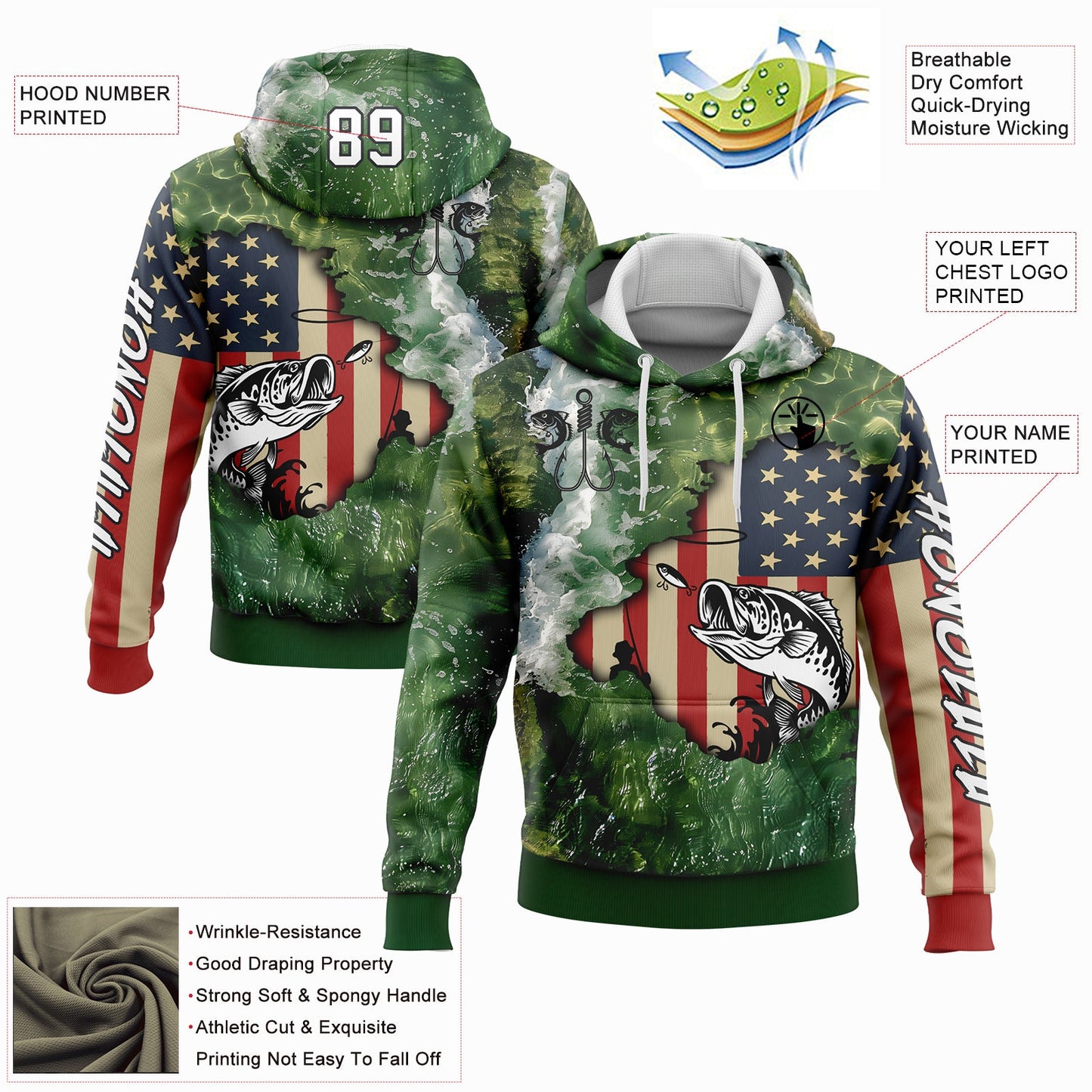 Custom Aurora Green White-Black 3D American Flag And Largemouth Bass Fish Fishing Sports Pullover Sweatshirt Hoodie view 2