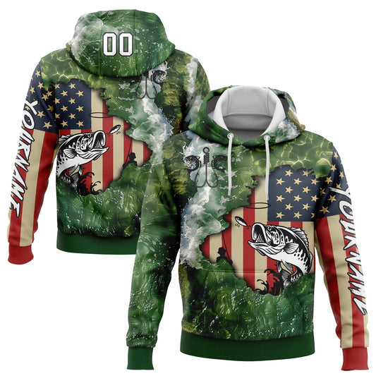 Custom Aurora Green White-Black 3D American Flag And Largemouth Bass Fish Fishing Sports Pullover Sweatshirt Hoodie - Main View