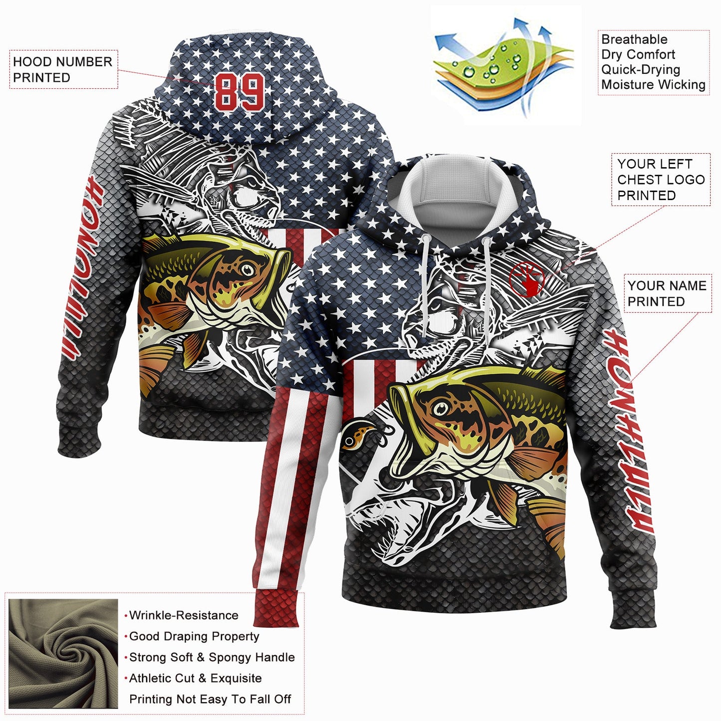 Custom Navy Red-Steel Gray 3D American Flag And Striped Bass Fish Fishing Sports Pullover Sweatshirt Hoodie view 2