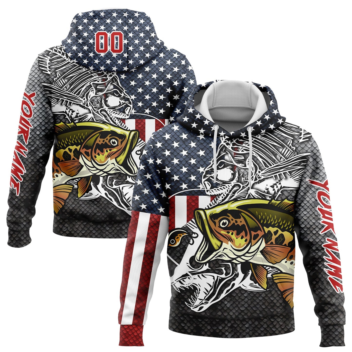 Custom Navy Red-Steel Gray 3D American Flag And Striped Bass Fish Fishing Sports Pullover Sweatshirt Hoodie - Main View