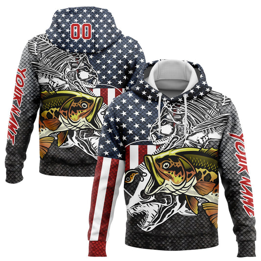 Custom Navy Red-Steel Gray 3D American Flag And Striped Bass Fish Fishing Sports Pullover Sweatshirt Hoodie - Main View
