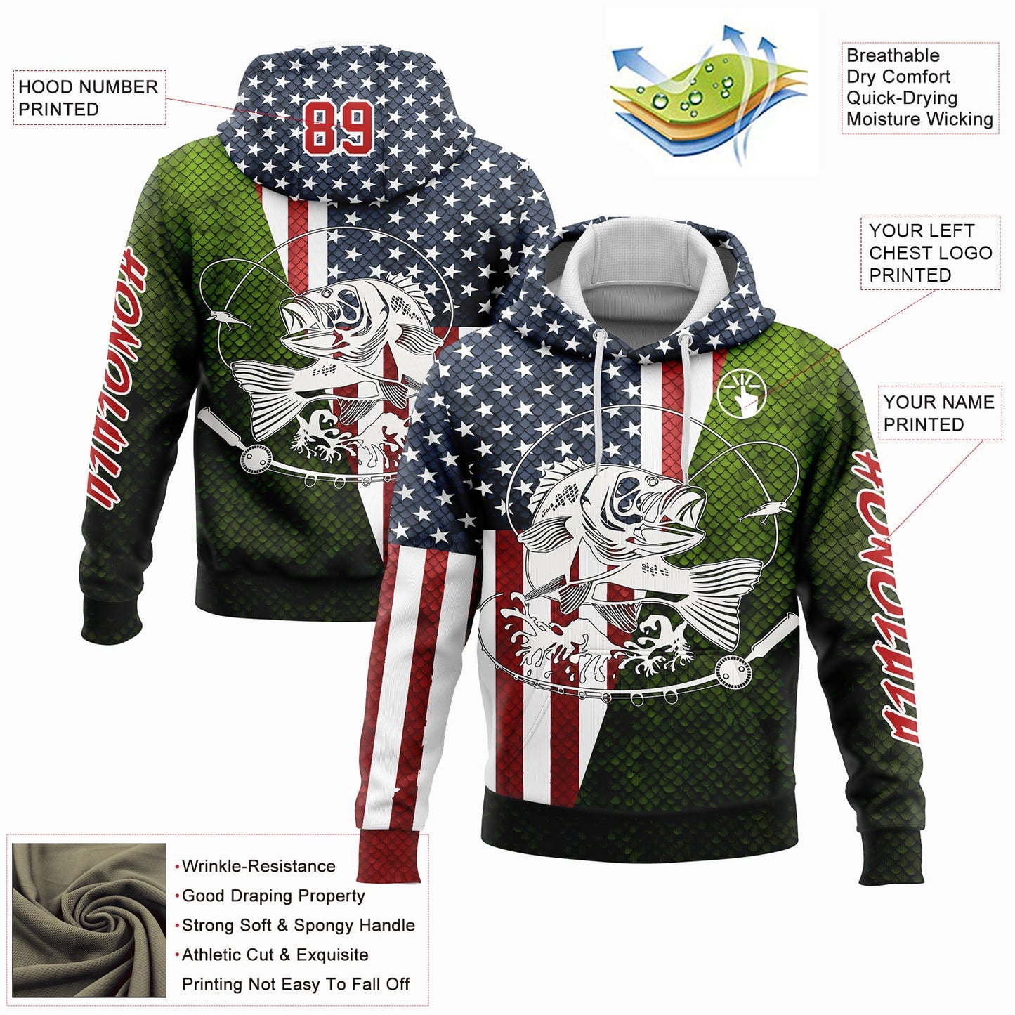Custom Navy Red-Aurora Green 3D American Flag And Smallmouth Bass Fish Fishing Sports Pullover Sweatshirt Hoodie view 2