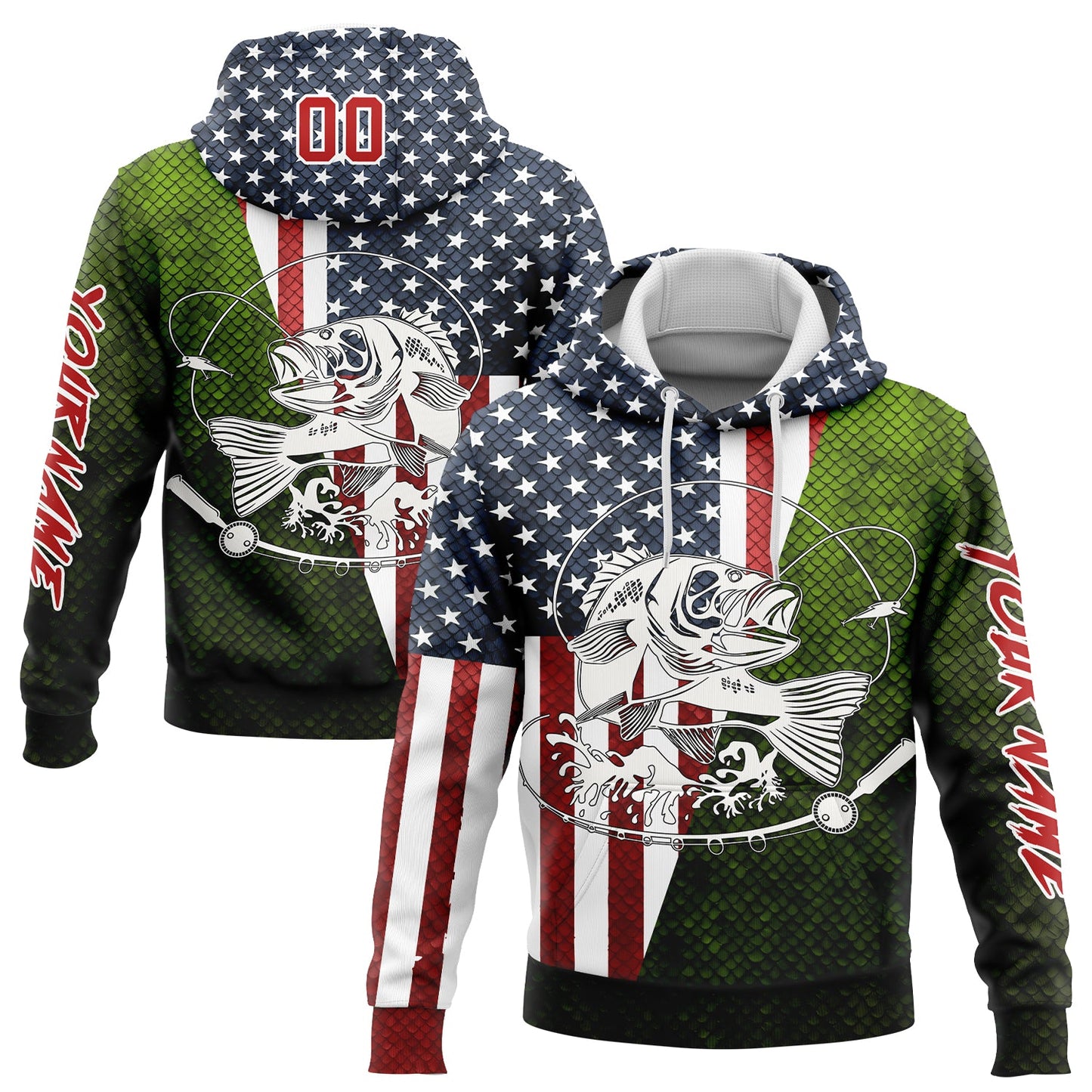 Custom Navy Red-Aurora Green 3D American Flag And Smallmouth Bass Fish Fishing Sports Pullover Sweatshirt Hoodie - Main View