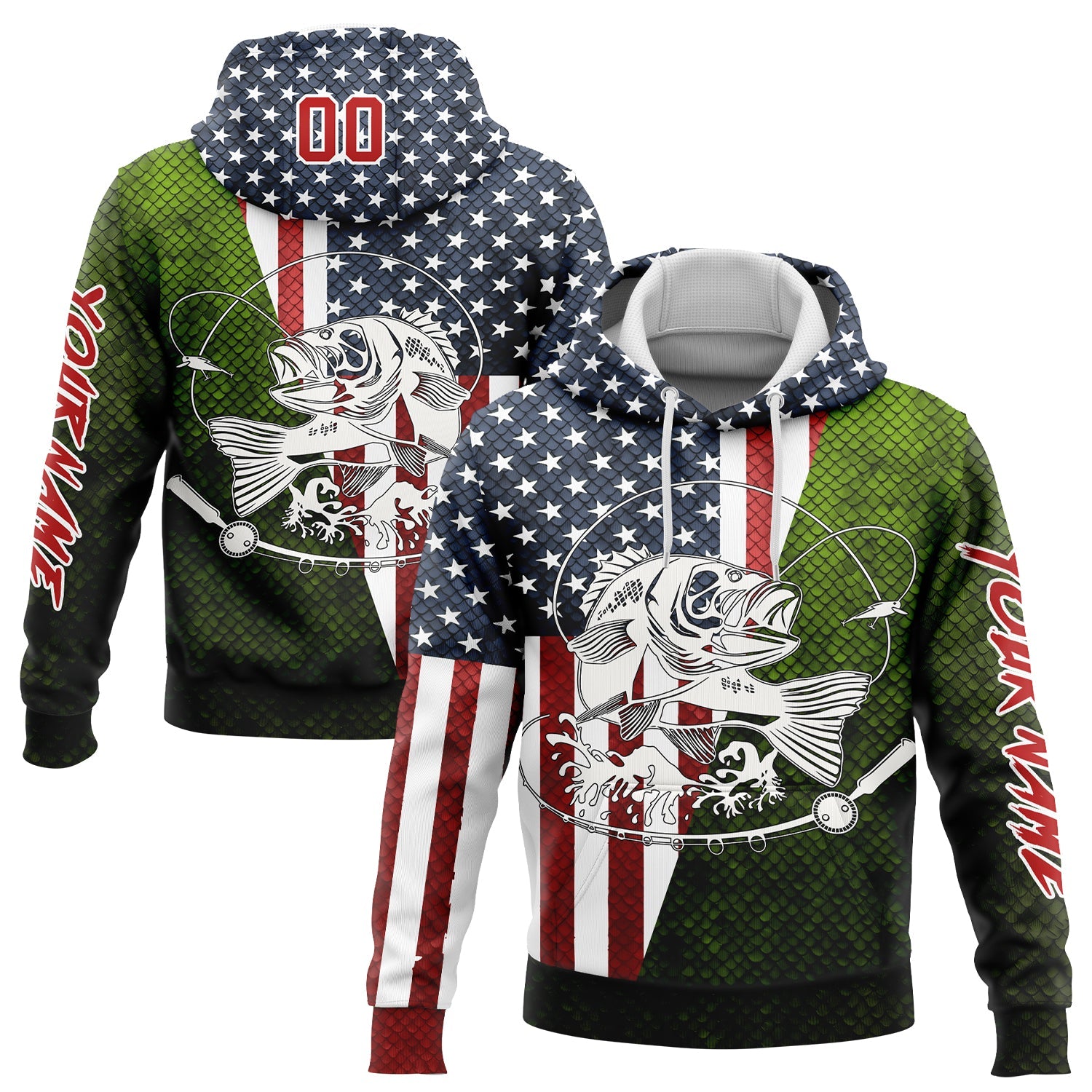 Custom Navy Red-Aurora Green 3D American Flag And Smallmouth Bass Fish Fishing Sports Pullover Sweatshirt Hoodie - Main View