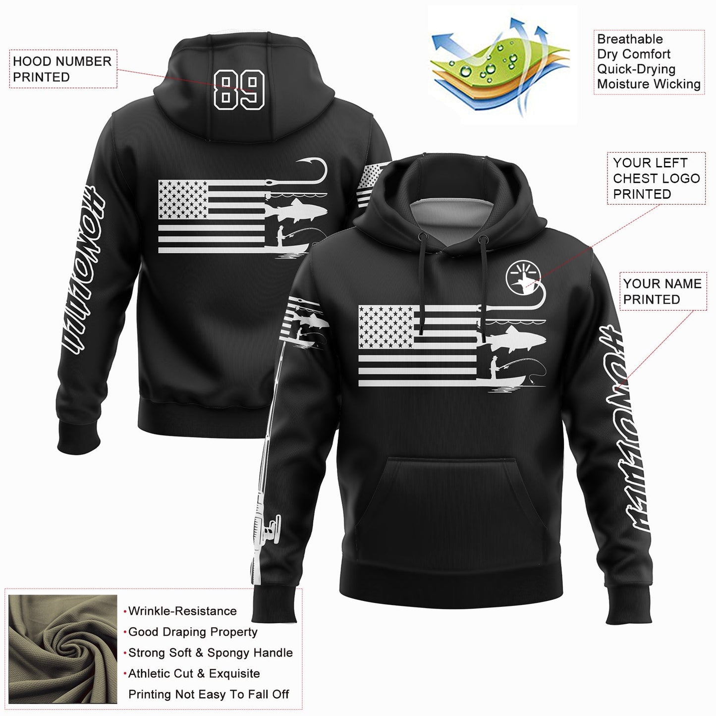 Custom Black White 3D American Flag And Fish Hook Fishing Sports Pullover Sweatshirt Hoodie view 2