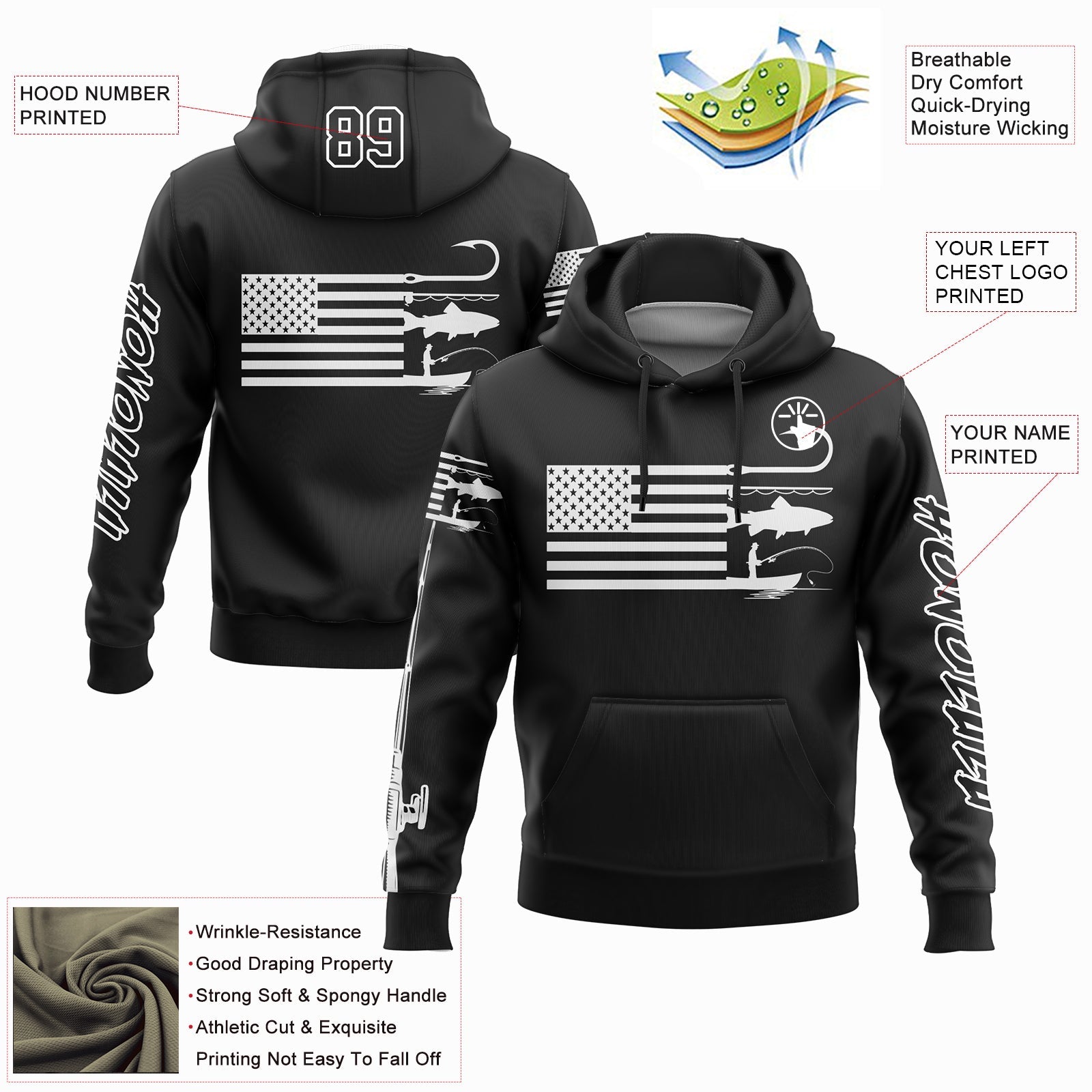 Custom Black White 3D American Flag And Fish Hook Fishing Sports Pullover Sweatshirt Hoodie view 2