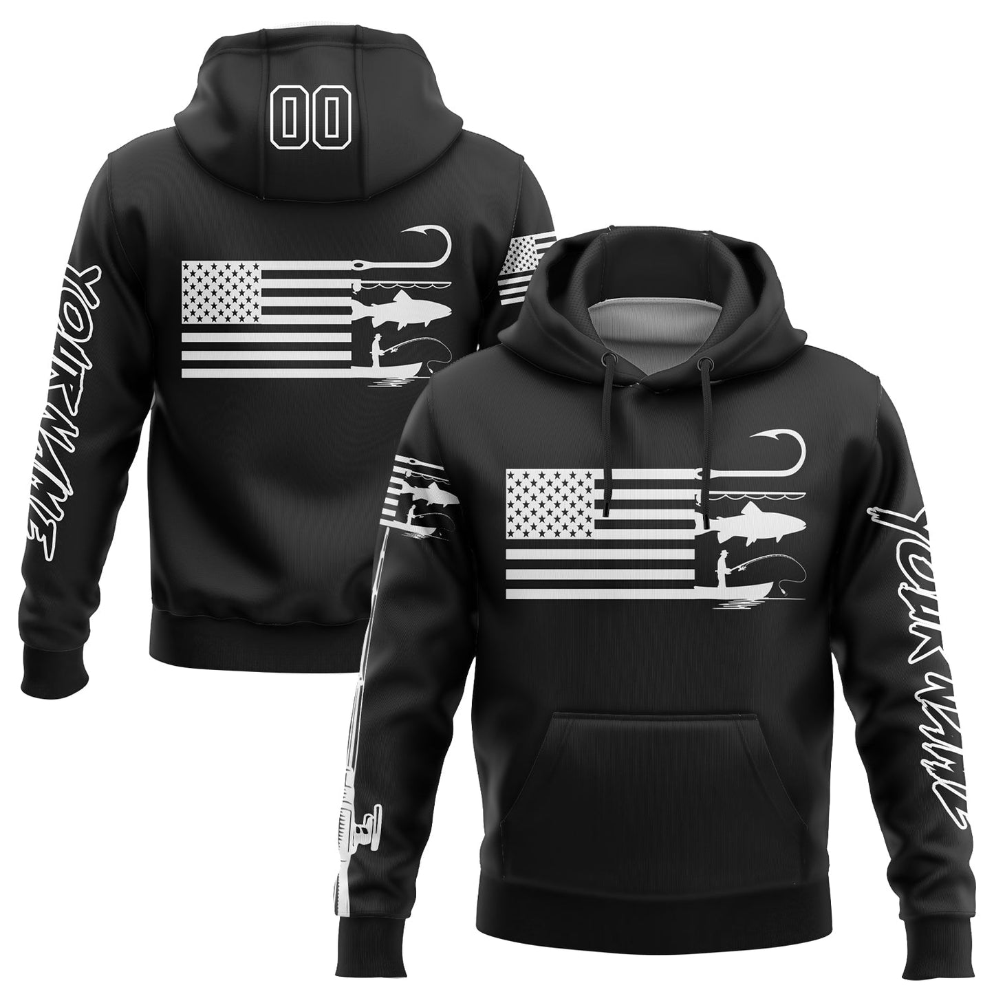 Custom Black White 3D American Flag And Fish Hook Fishing Sports Pullover Sweatshirt Hoodie - Main View
