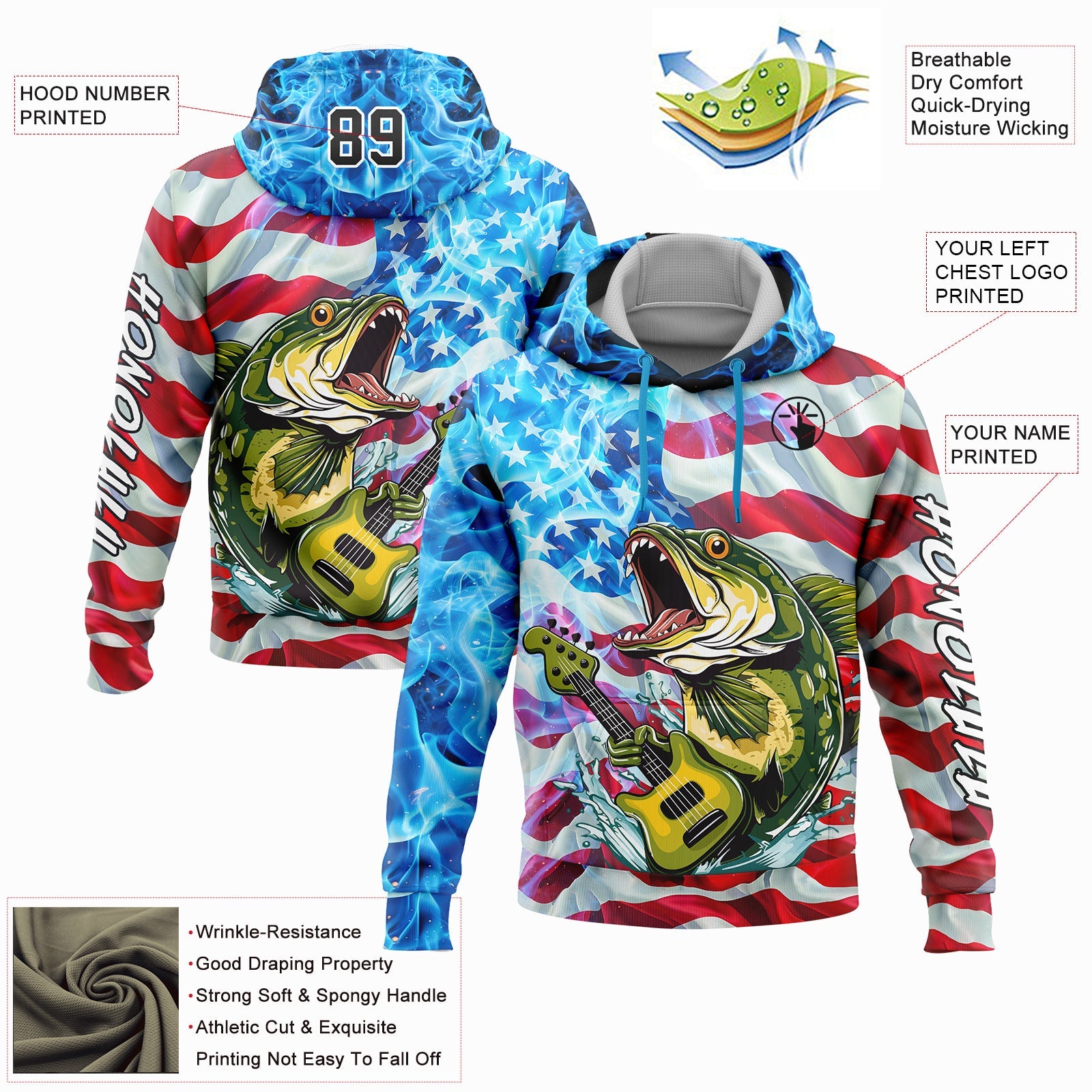 Custom Sky Blue Black-Red 3D American Flag And Largemouth Bass Fish Fishing Sports Pullover Sweatshirt Hoodie view 2