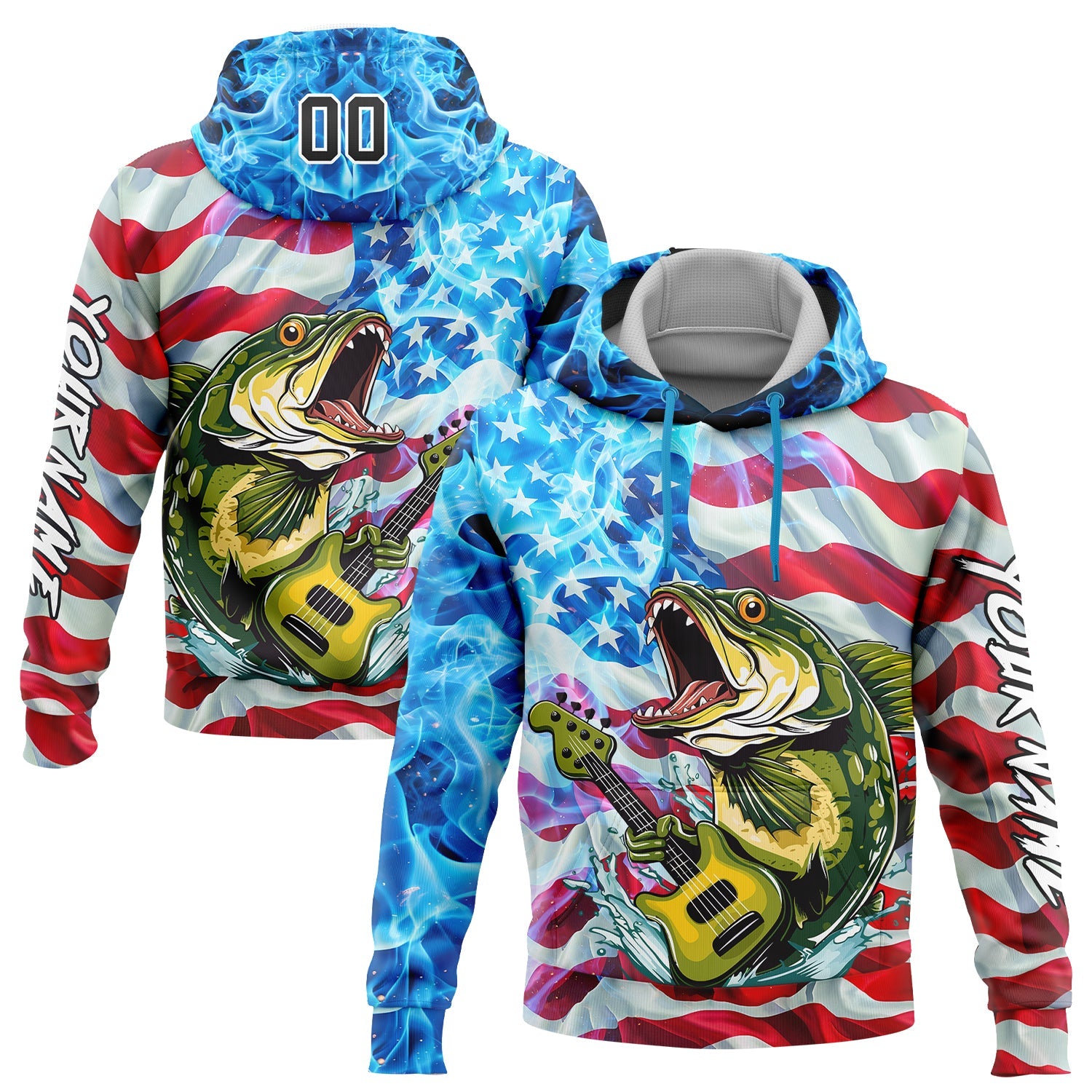 Custom Sky Blue Black-Red 3D American Flag And Largemouth Bass Fish Fishing Sports Pullover Sweatshirt Hoodie - Main View