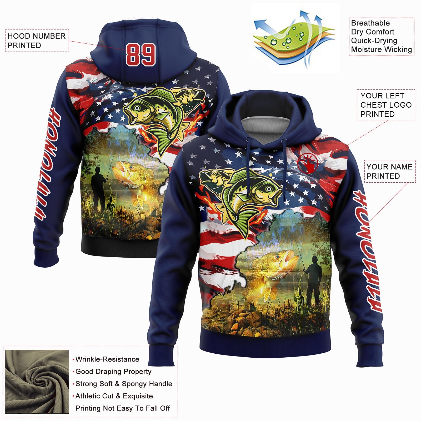 Custom Navy Red-White 3D American Flag And Smallmouth Bass Fish Fishing Sports Pullover Sweatshirt Hoodie view 2