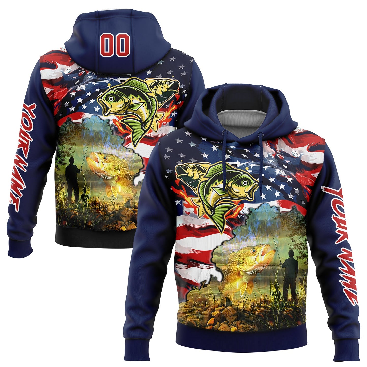 Custom Navy Red-White 3D American Flag And Smallmouth Bass Fish Fishing Sports Pullover Sweatshirt Hoodie - Main View