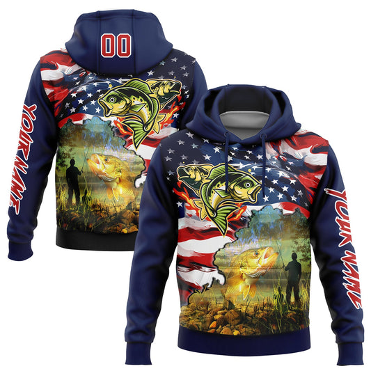 Custom Navy Red-White 3D American Flag And Smallmouth Bass Fish Fishing Sports Pullover Sweatshirt Hoodie - Main View