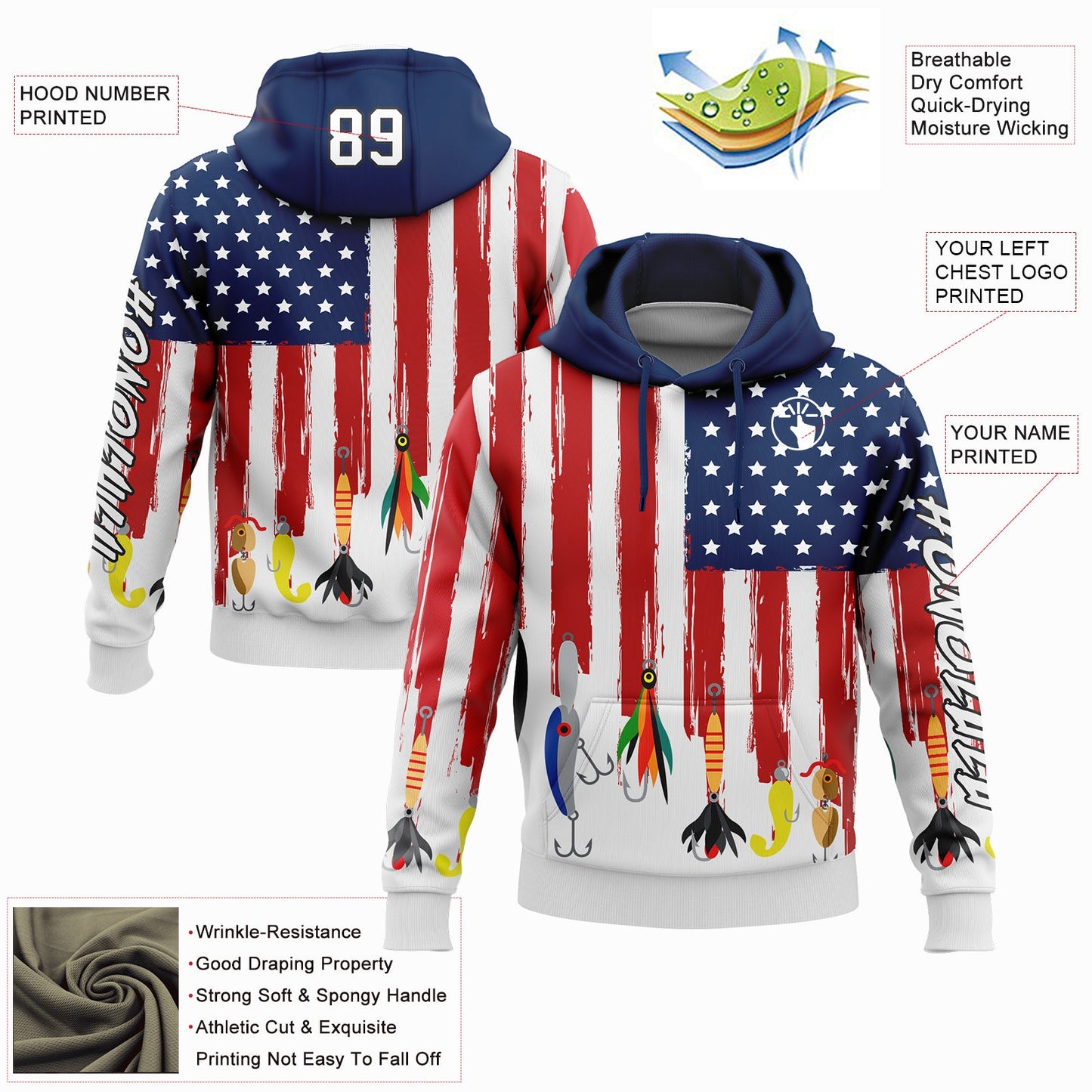 Custom White US Navy Blue Red-Black 3D American Flag And Fish Hook Fishing Bait Sports Pullover Sweatshirt Hoodie view 2