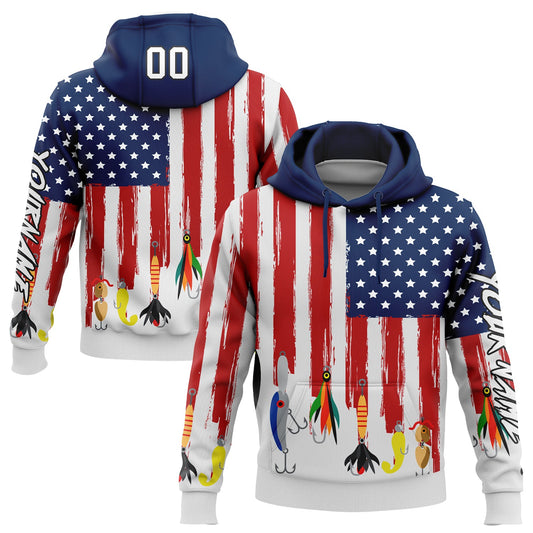 Custom White US Navy Blue Red-Black 3D American Flag And Fish Hook Fishing Bait Sports Pullover Sweatshirt Hoodie - Main View