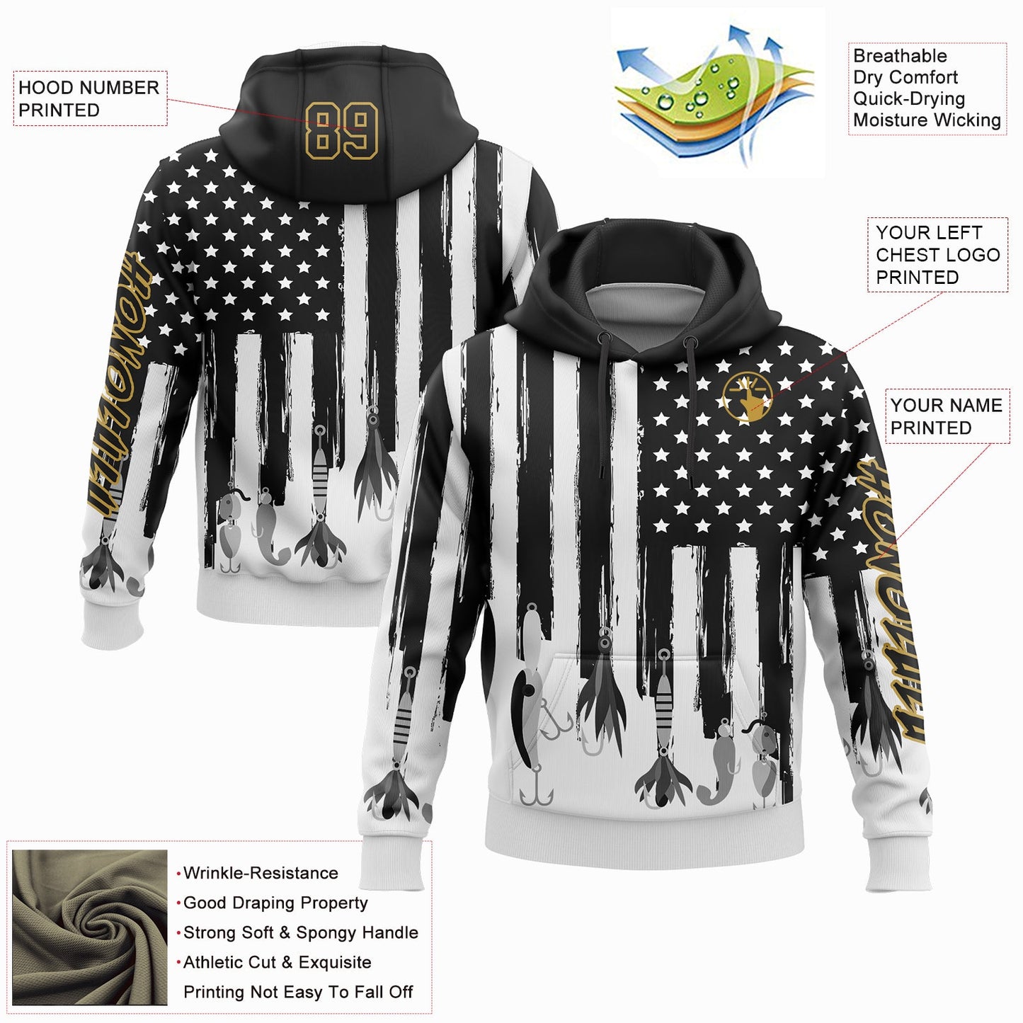 Custom Black Old Gold-White 3D American Flag And Fish Hook Fishing Bait Sports Pullover Sweatshirt Hoodie view 2