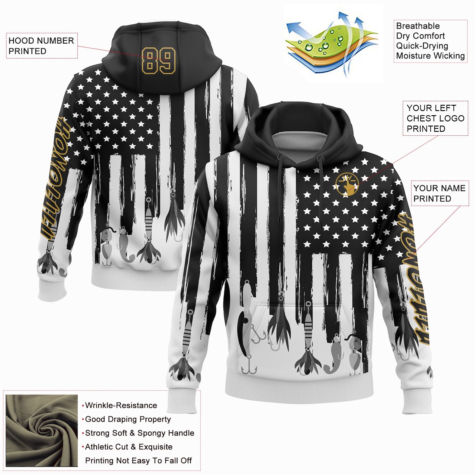 Custom Black Old Gold-White 3D American Flag And Fish Hook Fishing Bait Sports Pullover Sweatshirt Hoodie view 2