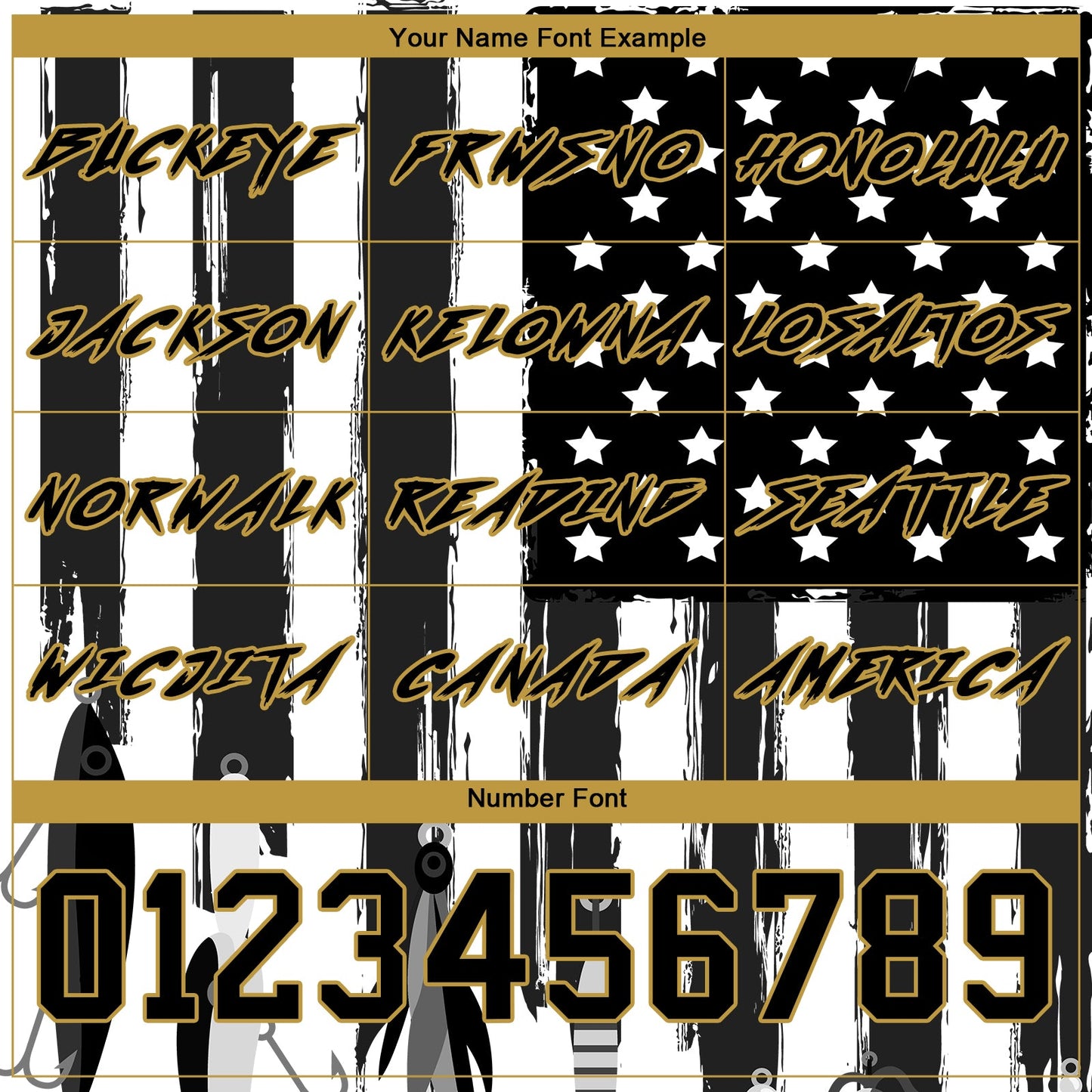 Custom Black Old Gold-White 3D American Flag And Fish Hook Fishing Bait Sports Pullover Sweatshirt Hoodie view 3