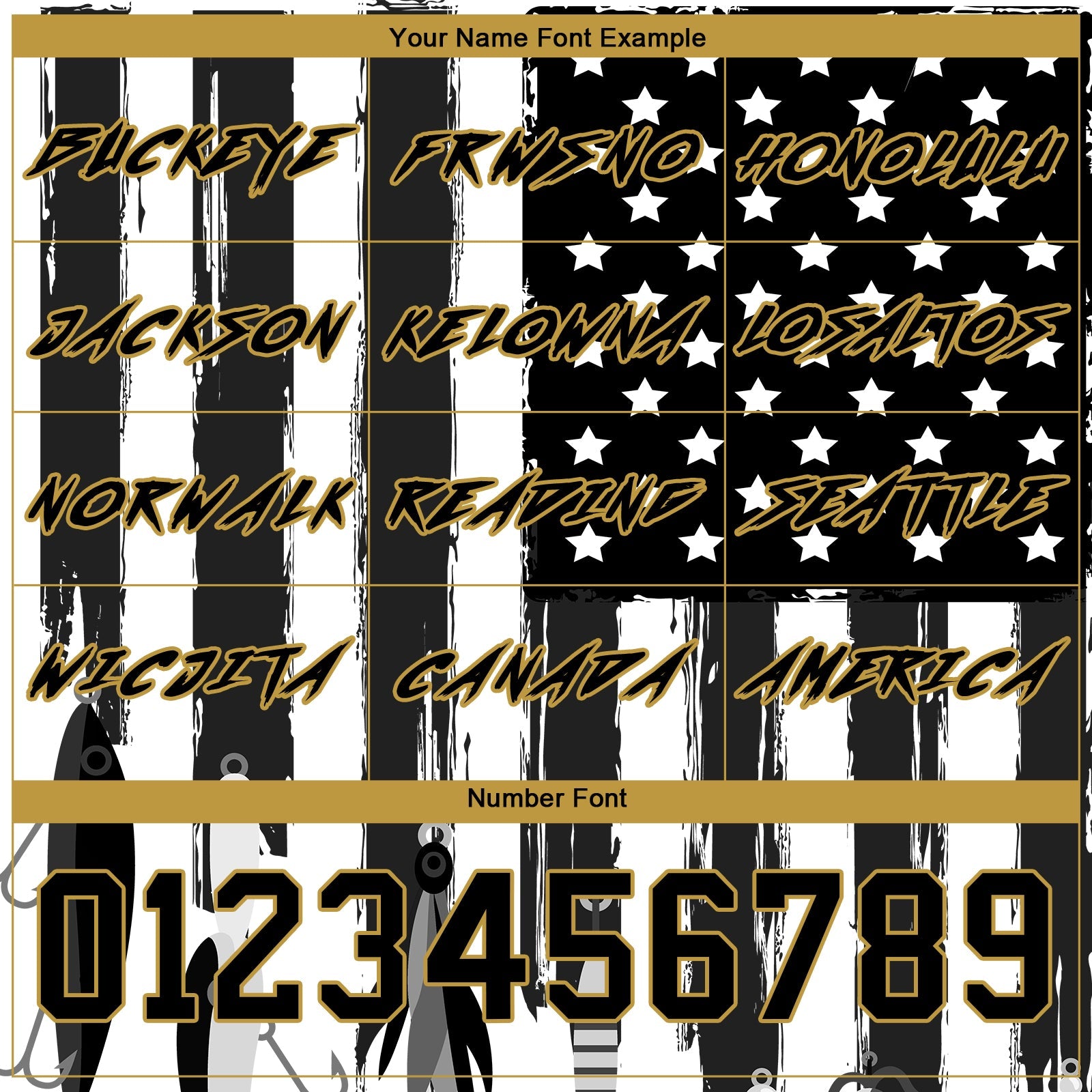Custom Black Old Gold-White 3D American Flag And Fish Hook Fishing Bait Sports Pullover Sweatshirt Hoodie view 3