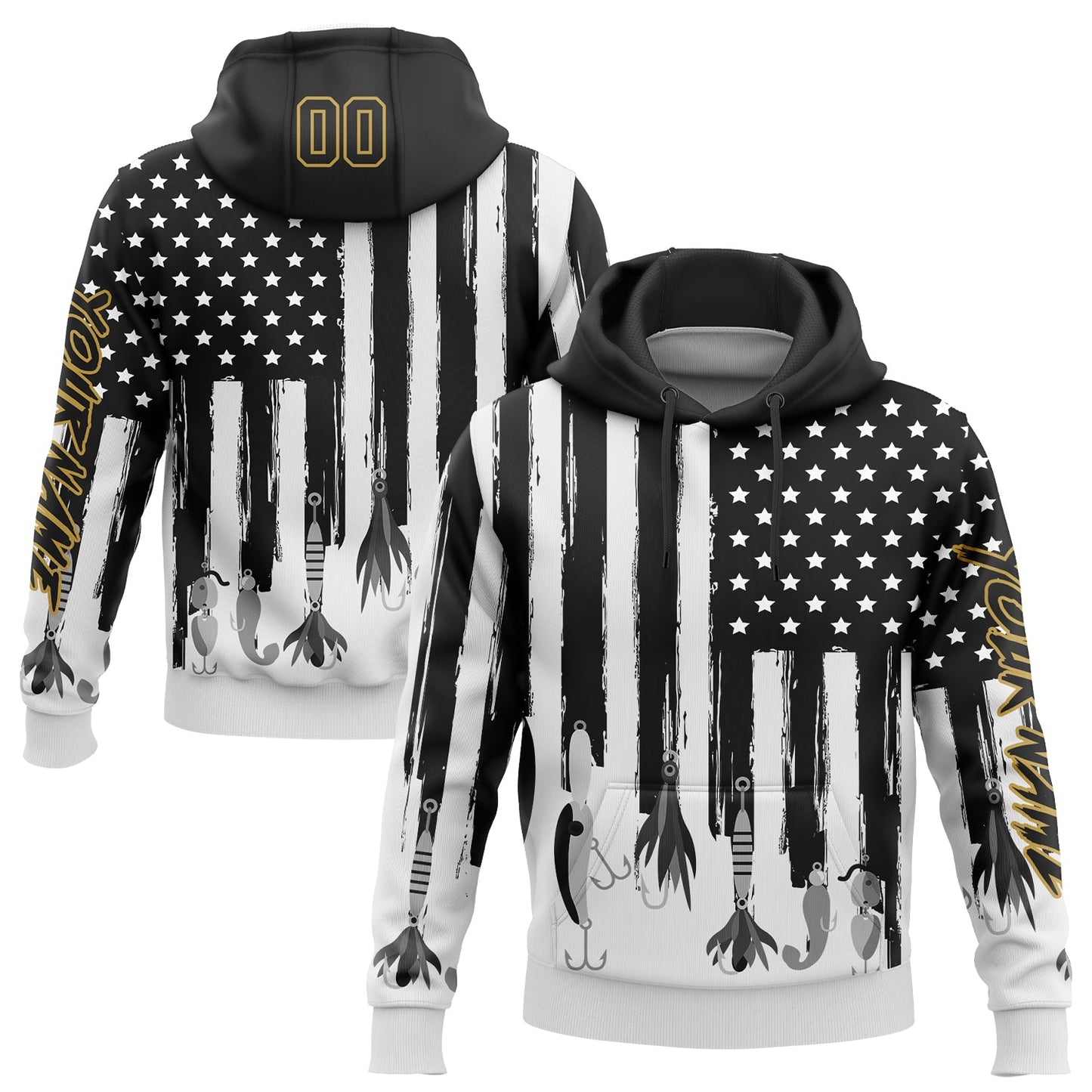 Custom Black Old Gold-White 3D American Flag And Fish Hook Fishing Bait Sports Pullover Sweatshirt Hoodie - Main View