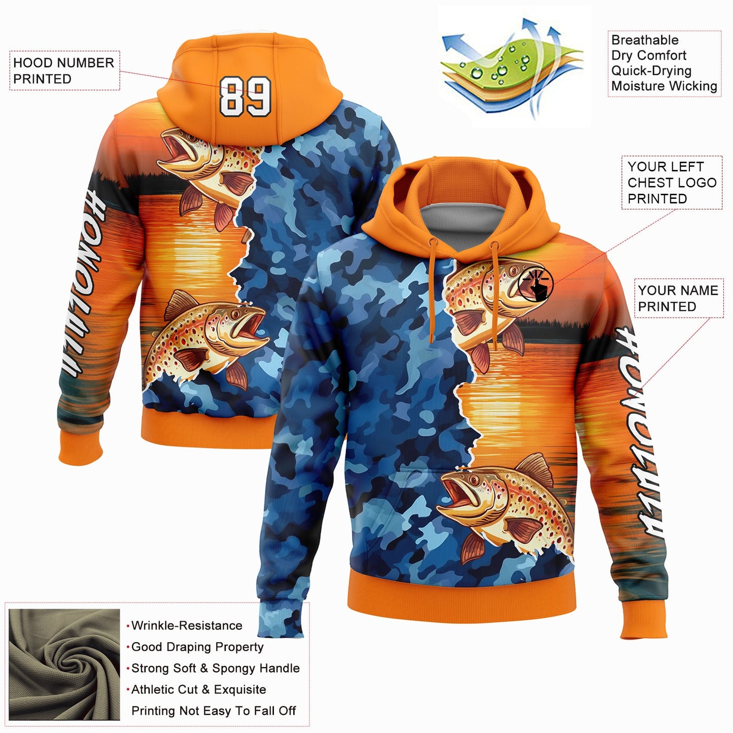 Custom Bay Orange Camo-Black 3D Trout Fish Fishing Sports Pullover Sweatshirt Hoodie view 2