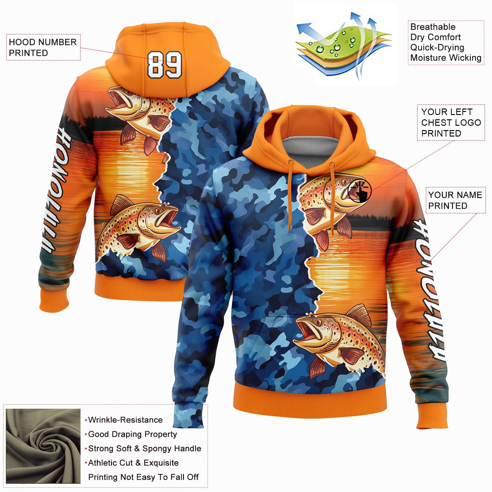 Custom Bay Orange Camo-Black 3D Trout Fish Fishing Sports Pullover Sweatshirt Hoodie view 2