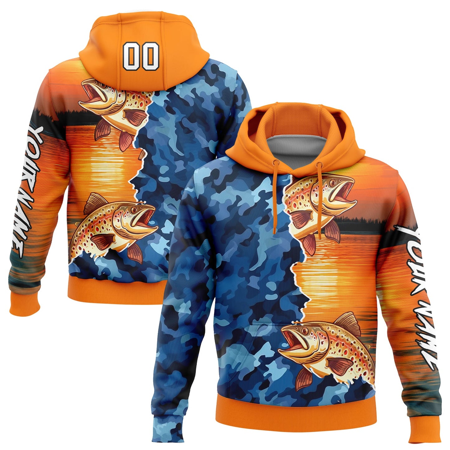 Custom Bay Orange Camo-Black 3D Trout Fish Fishing Sports Pullover Sweatshirt Hoodie - Main View