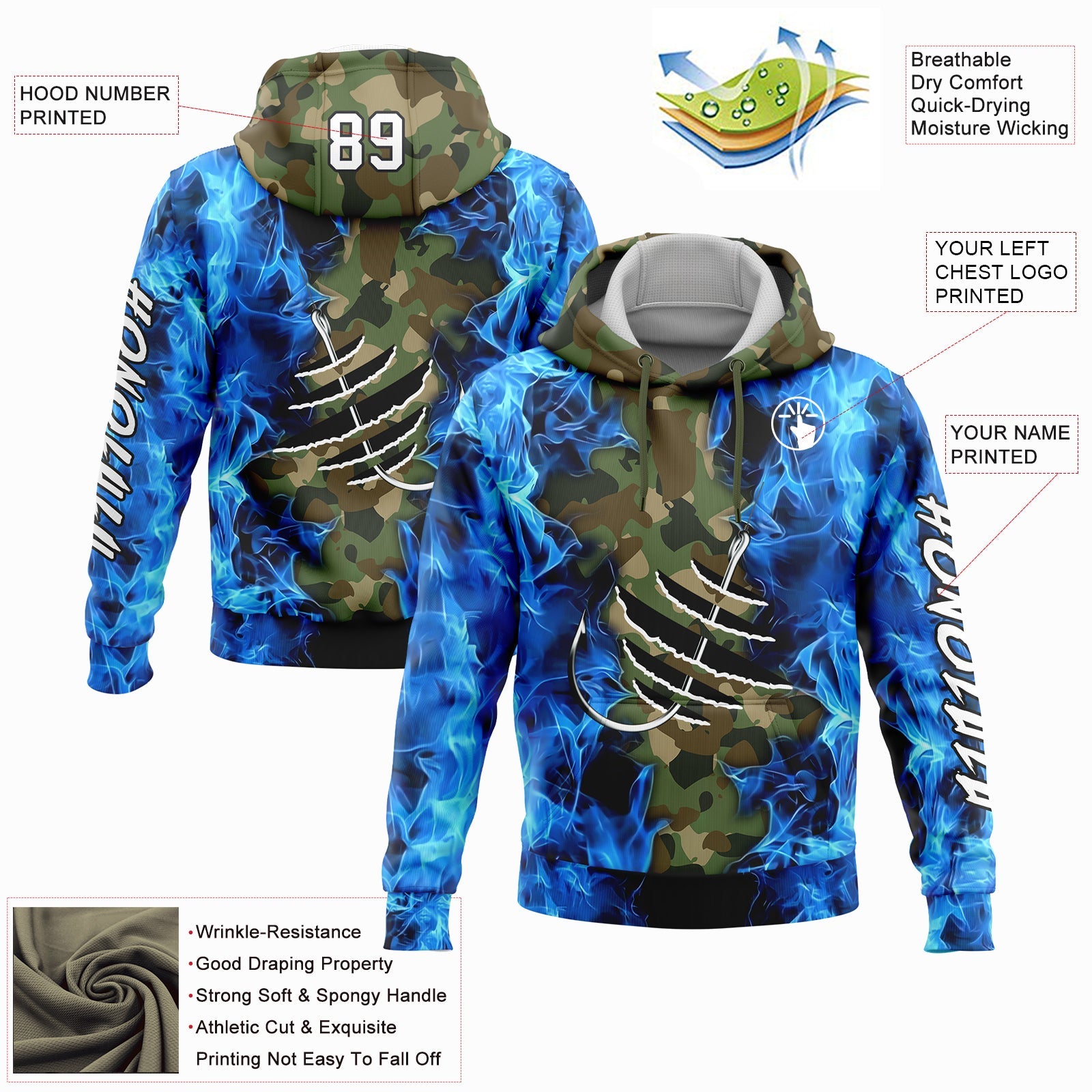 Custom Camo White-Black 3D Flame And Fish Hook Fishing Sports Pullover Sweatshirt Salute To Service Hoodie view 2
