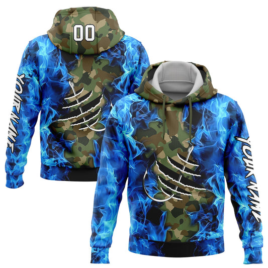 Custom Camo White-Black 3D Flame And Fish Hook Fishing Sports Pullover Sweatshirt Salute To Service Hoodie - Main View