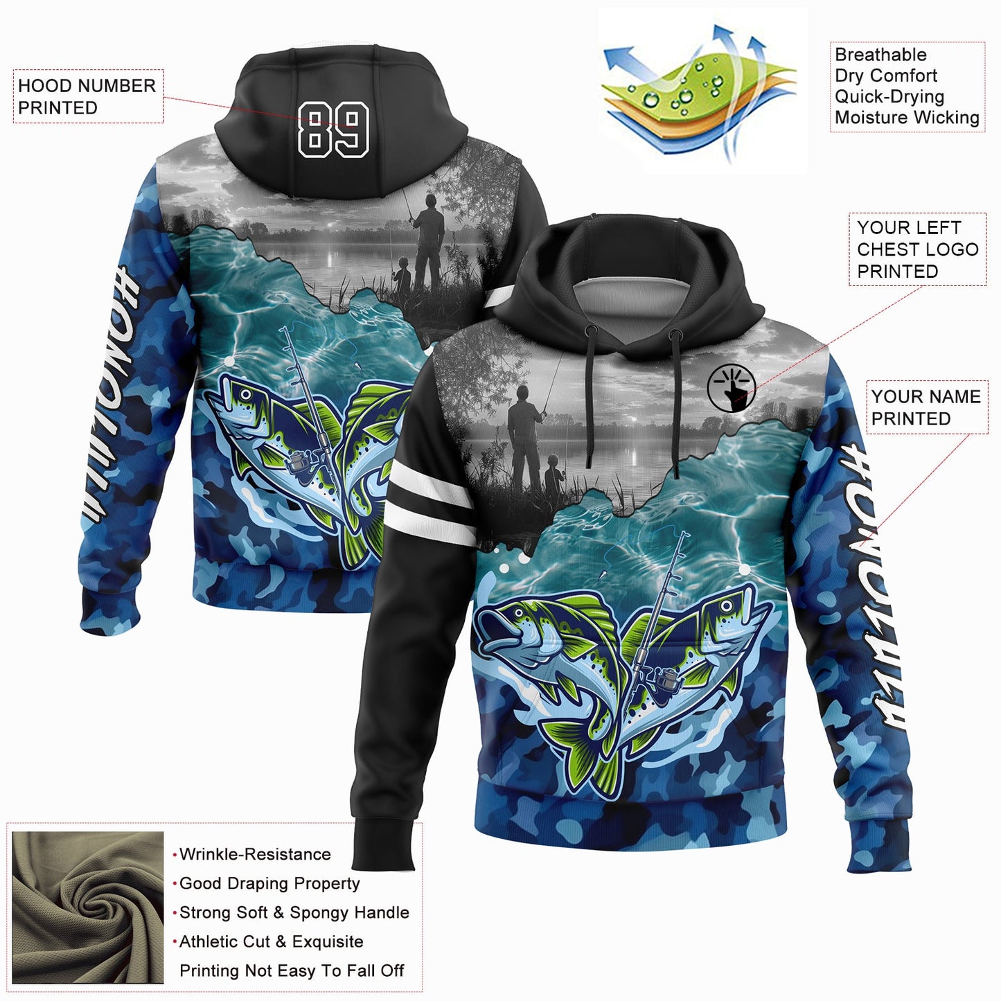 Custom Black Camo-White 3D Largemouth Bass Fish Fishing Sports Pullover Sweatshirt Hoodie view 2