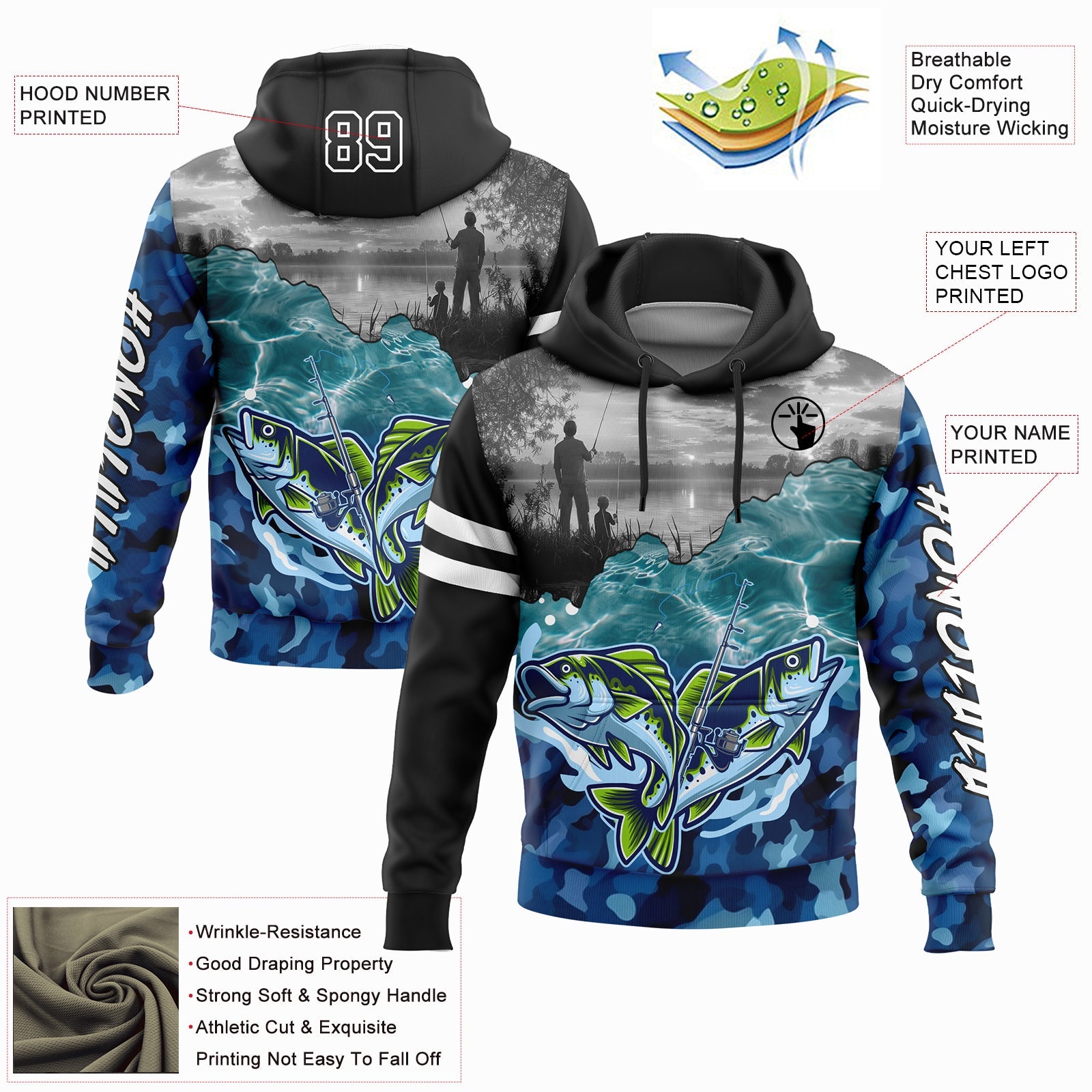 Custom Black Camo-White 3D Largemouth Bass Fish Fishing Sports Pullover Sweatshirt Hoodie view 2