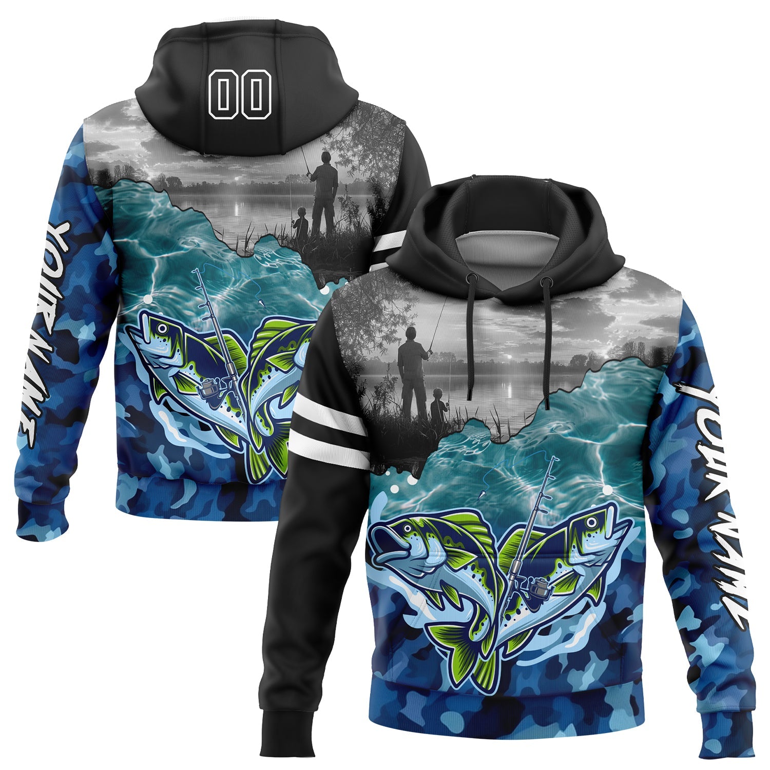 Custom Black Camo-White 3D Largemouth Bass Fish Fishing Sports Pullover Sweatshirt Hoodie - Main View