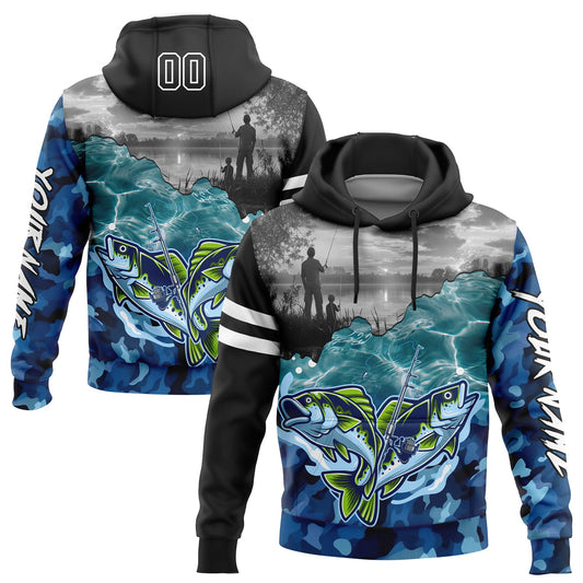 Custom Black Camo-White 3D Largemouth Bass Fish Fishing Sports Pullover Sweatshirt Hoodie - Main View