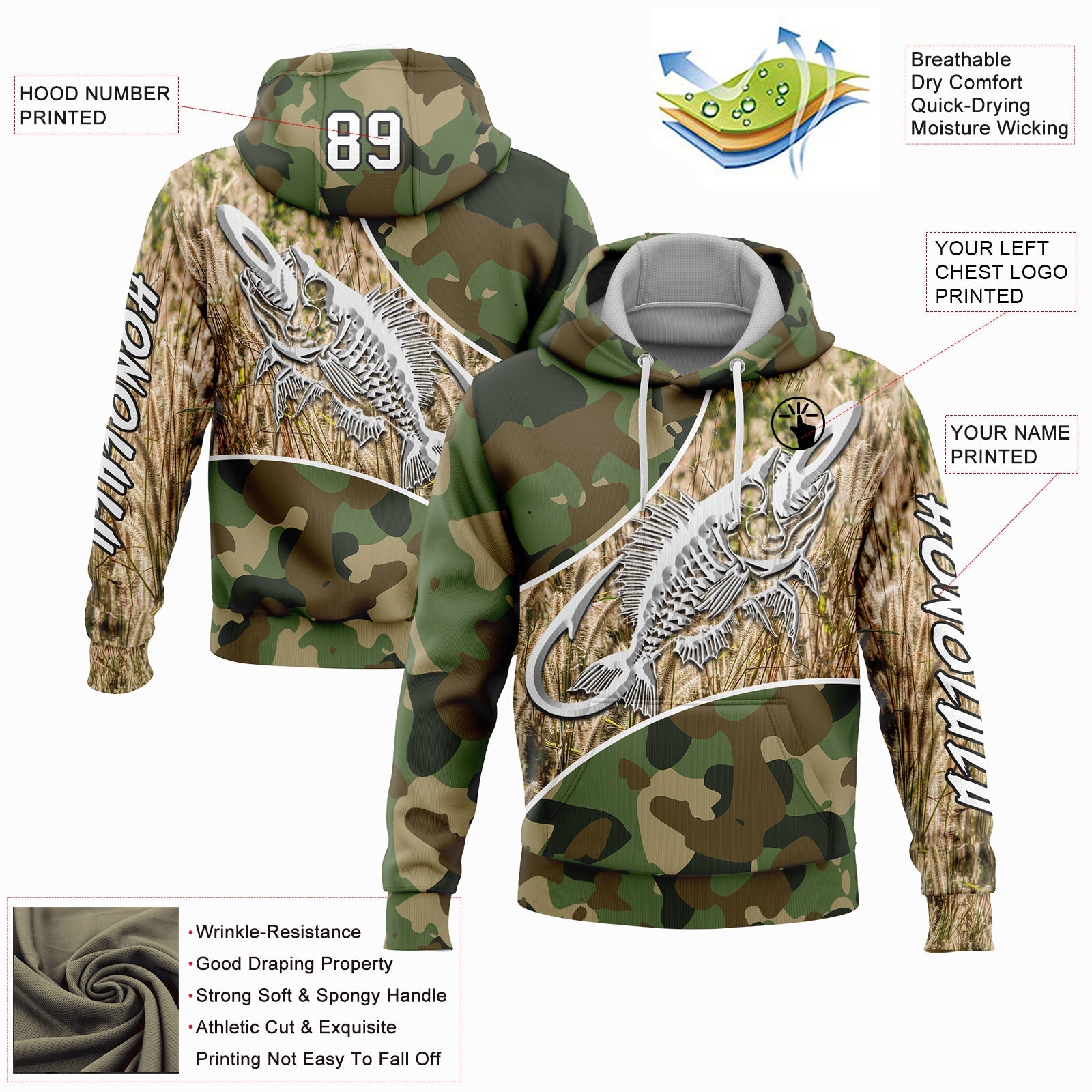 Custom Camo White-Black 3D Fish Hook Skull Fishing Sports Pullover Sweatshirt Salute To Service Hoodie view 2