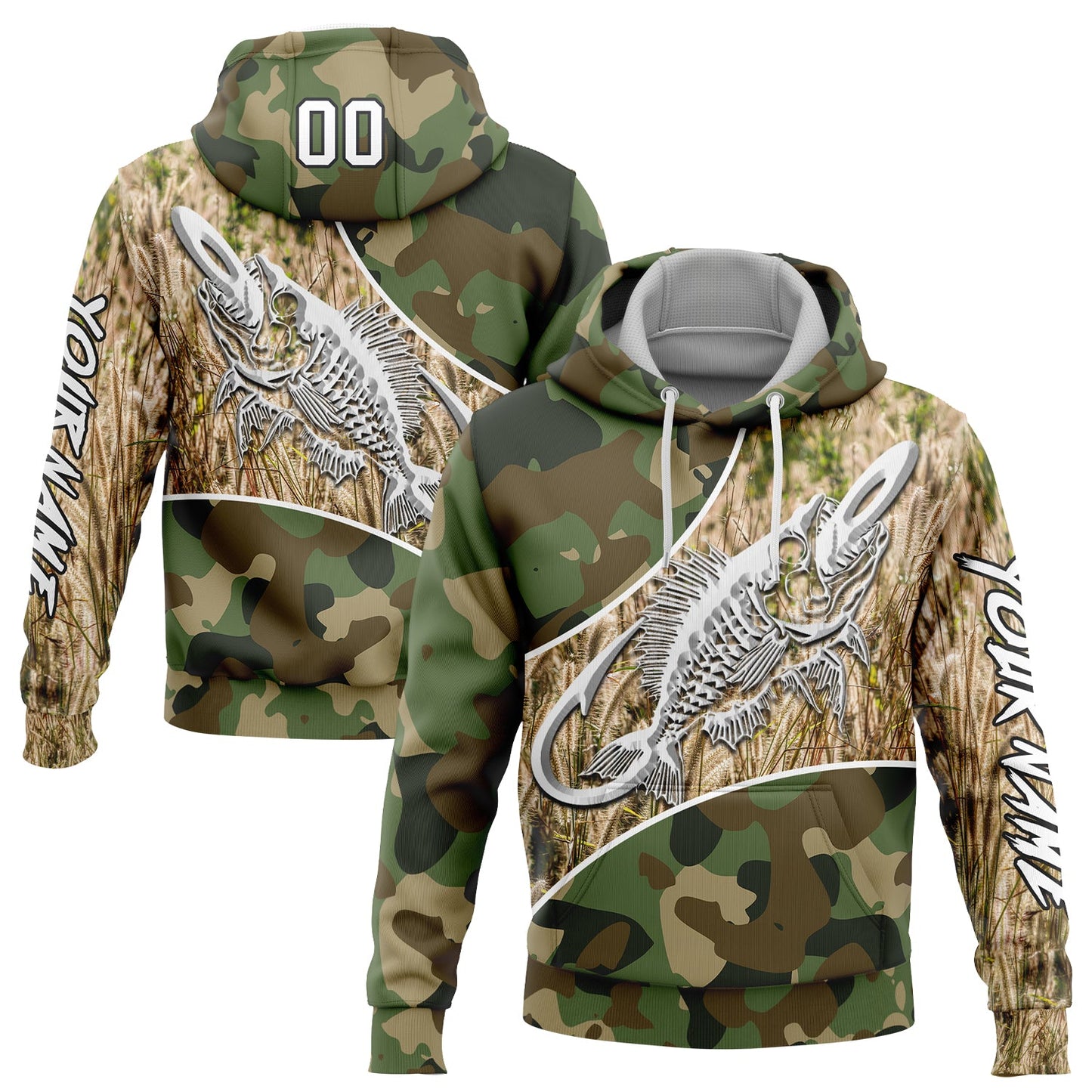 Custom Camo White-Black 3D Fish Hook Skull Fishing Sports Pullover Sweatshirt Salute To Service Hoodie - Main View