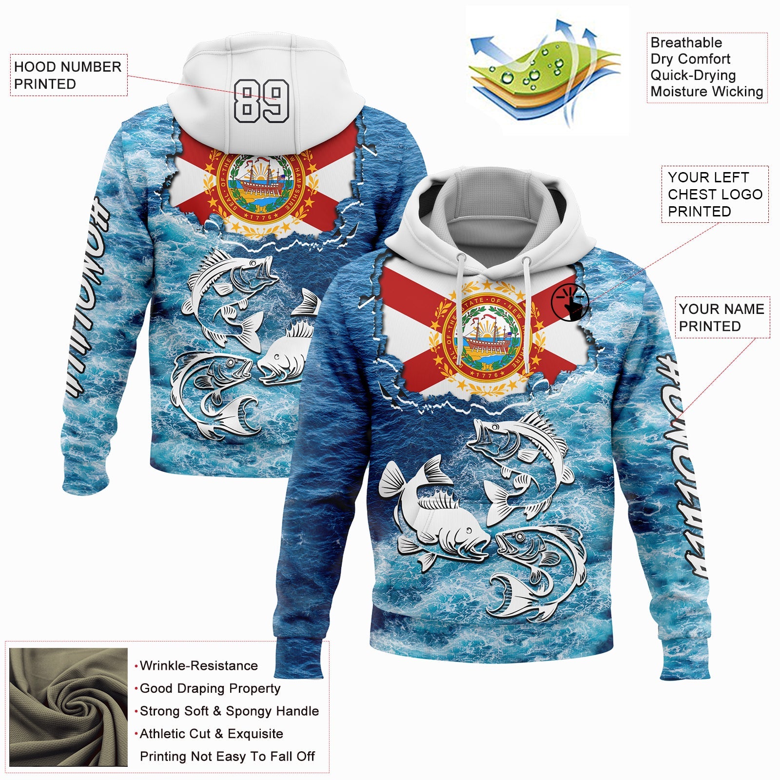 Custom Lakes Blue White Black 3D New Hampshire Flag And Largemouth Bass Carp Fish Fishing Sports Pullover Sweatshirt Hoodie view 2
