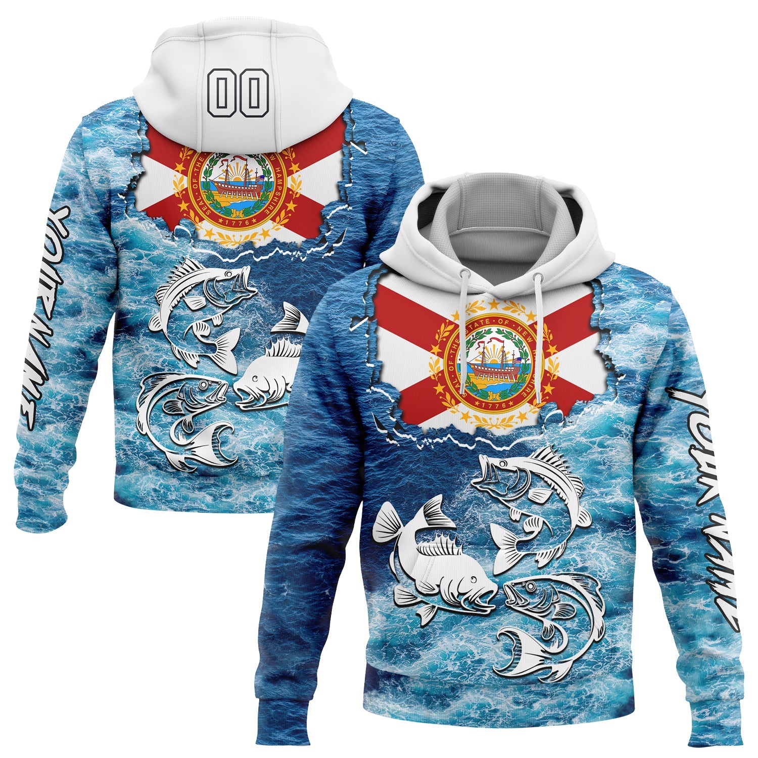 Custom Lakes Blue White Black 3D New Hampshire Flag And Largemouth Bass Carp Fish Fishing Sports Pullover Sweatshirt Hoodie - Main View
